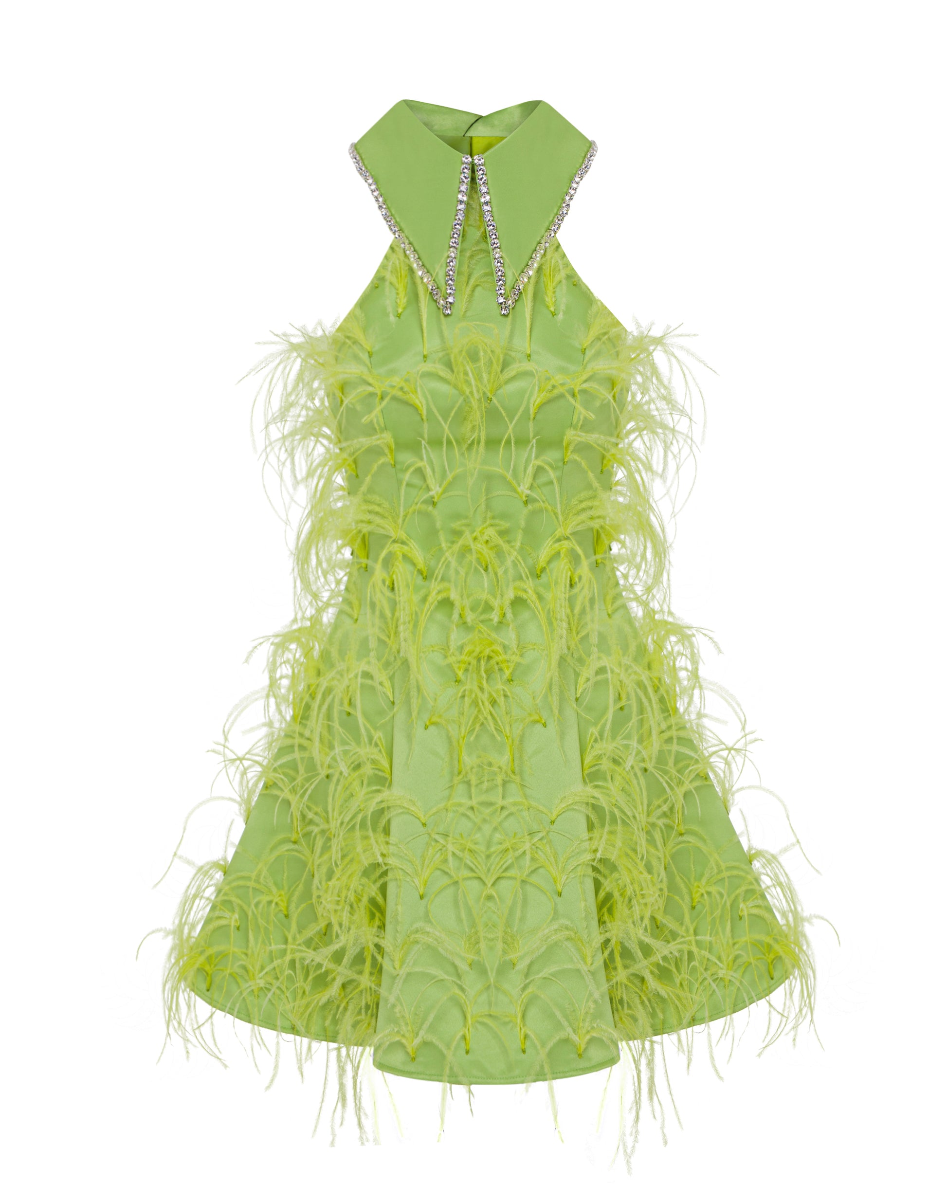 Crystal collared Grace Dress with feathers. Apple green, front.