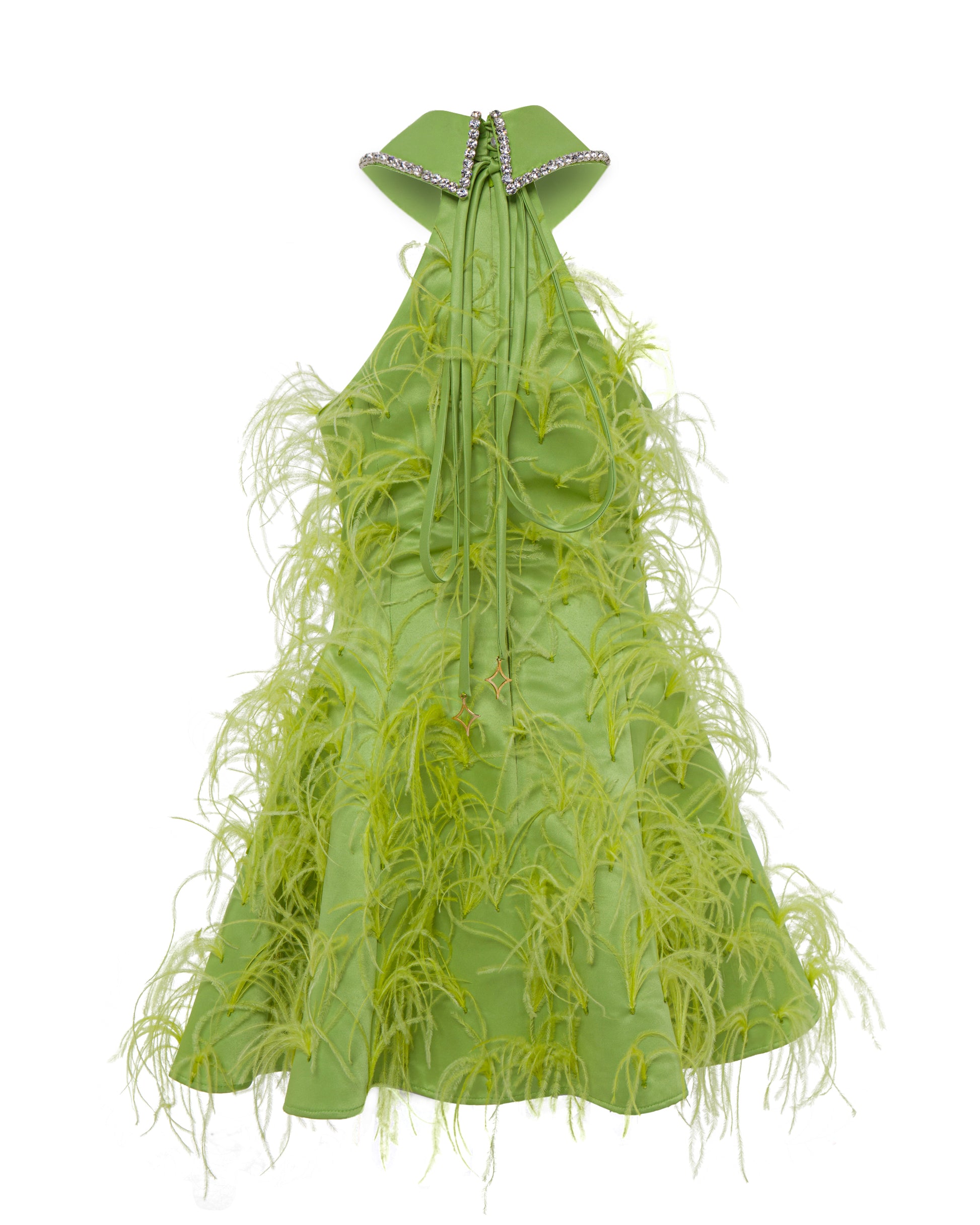 Crystal collared Grace Dress with feathers. Apple green, back.