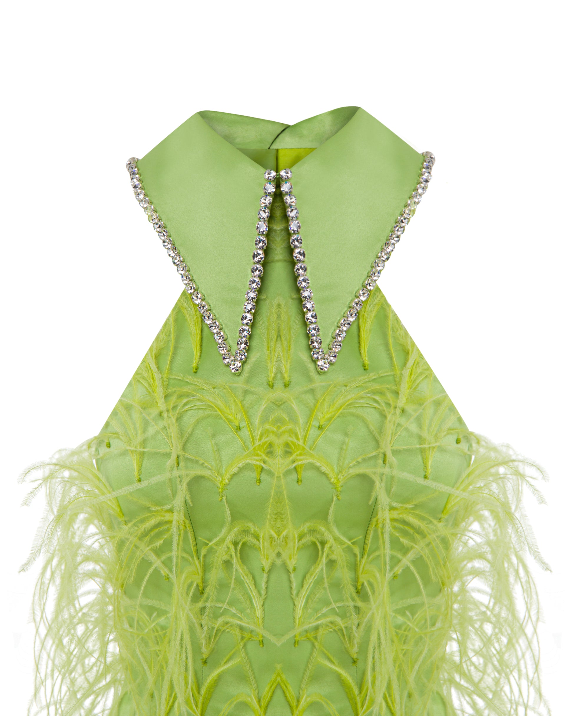 Crystal collared Grace Dress with feathers. Apple green, Close up.