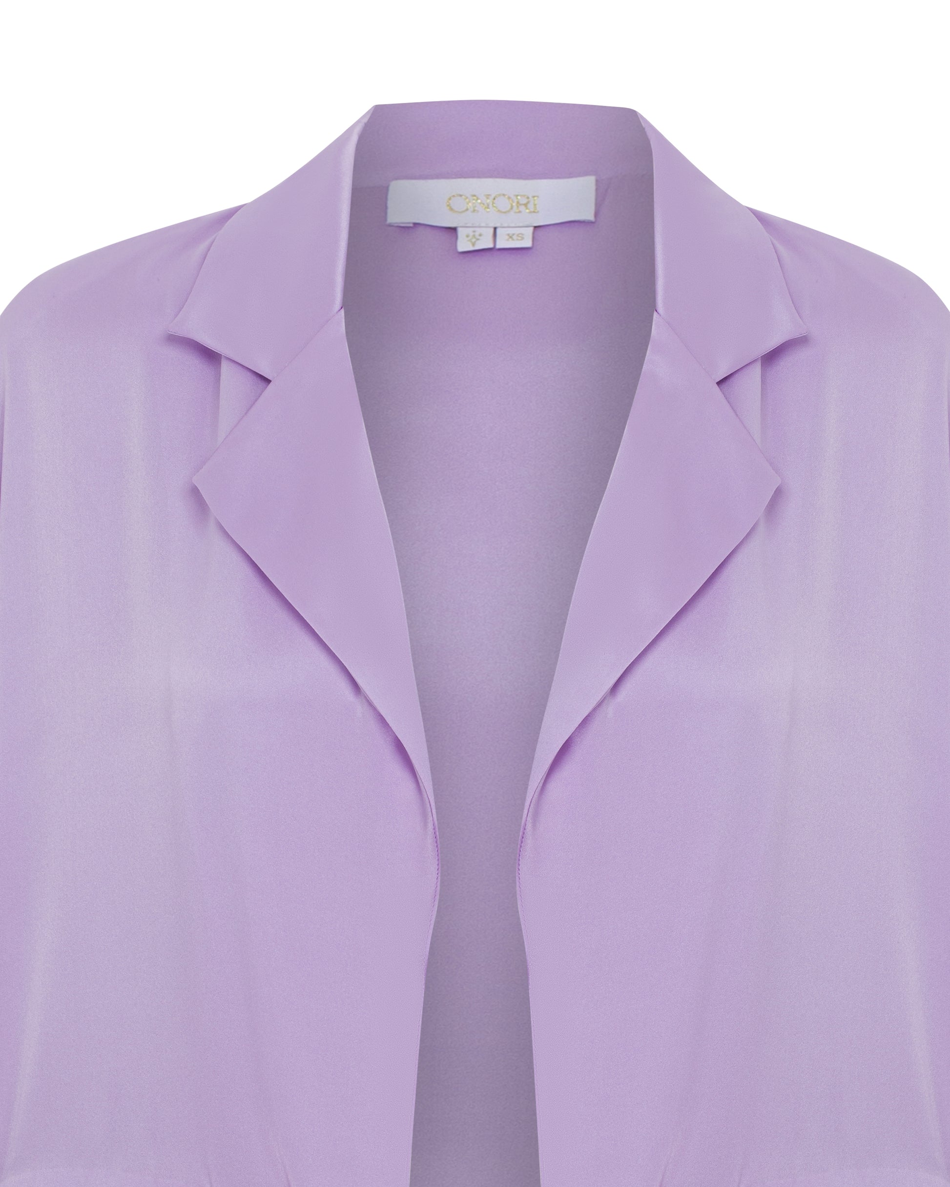 Satin coat, lavender, detail shot.