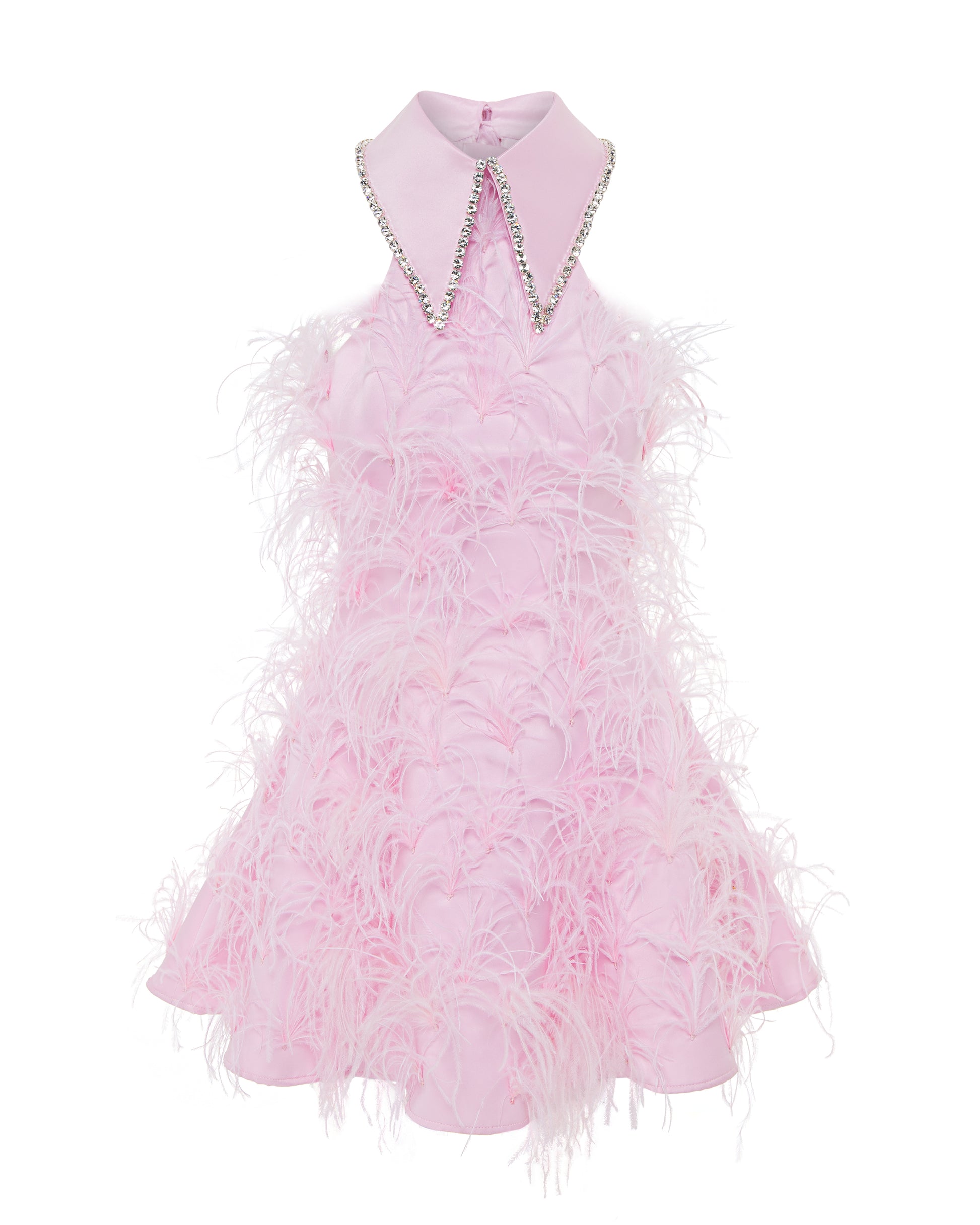 Crystal collared Grace Dress with feathers. Pink, front.