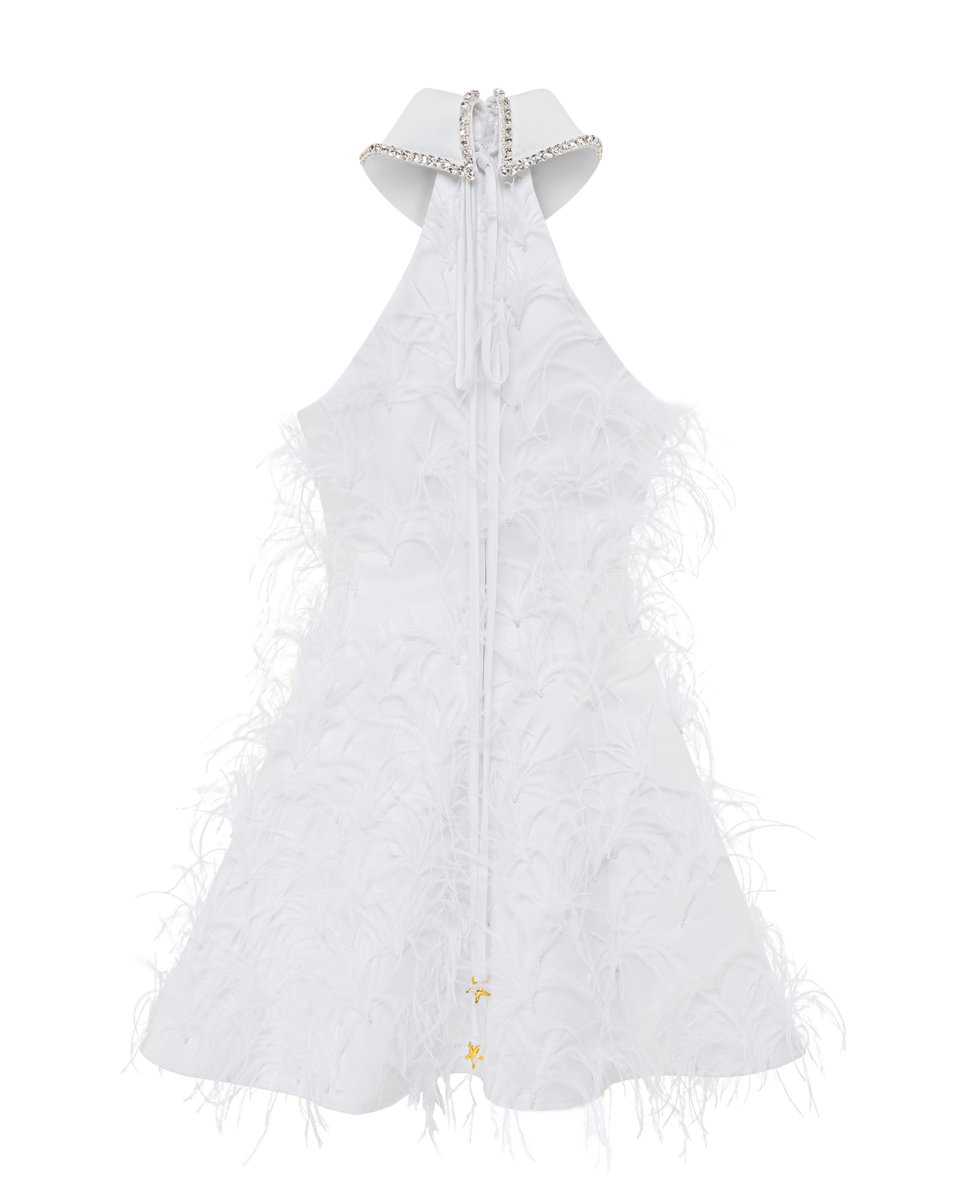 Crystal collared Grace Dress with feathers. Ivory, back.