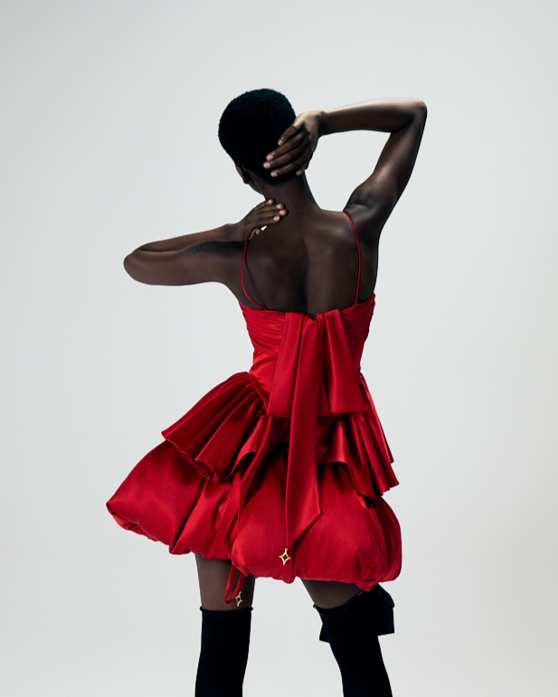 Red satin top, back.