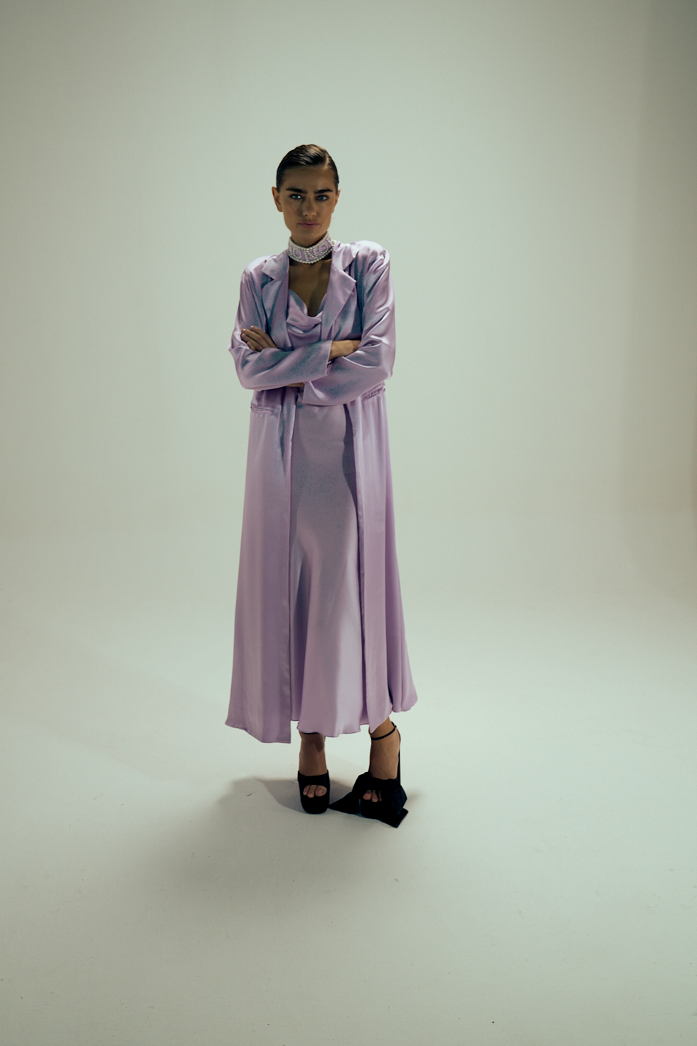 satin coat, lavender, front.
