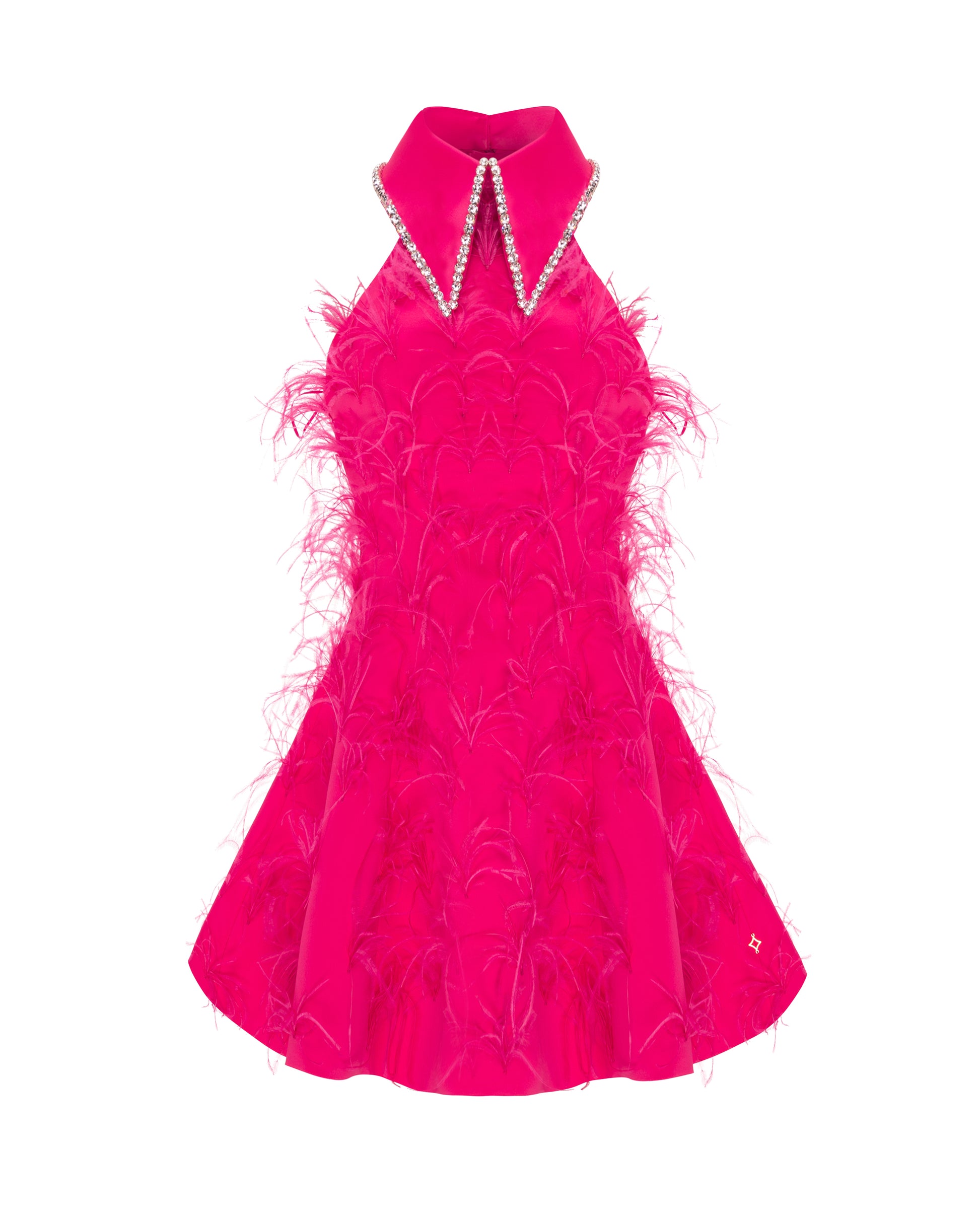 Crystal collared Grace Dress with feathers. Fuchsia, front.