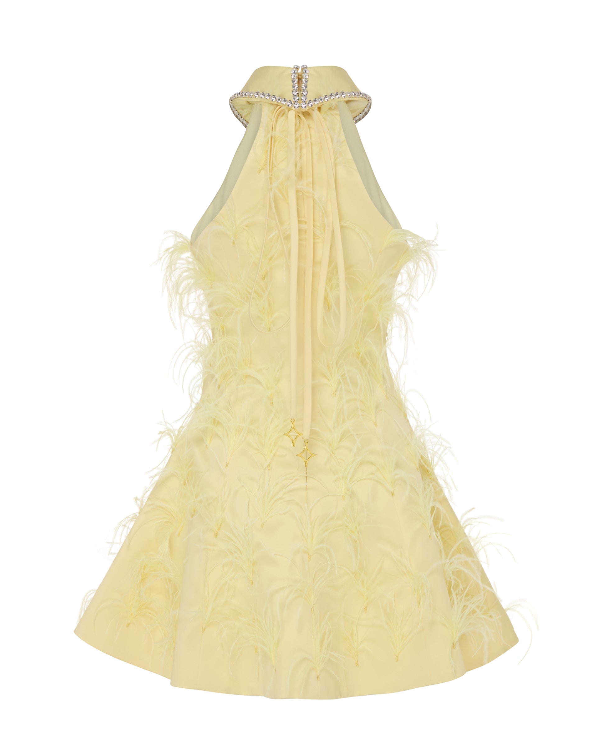 Crystal collared mini Grace Dress with feathers. Yellow, back.