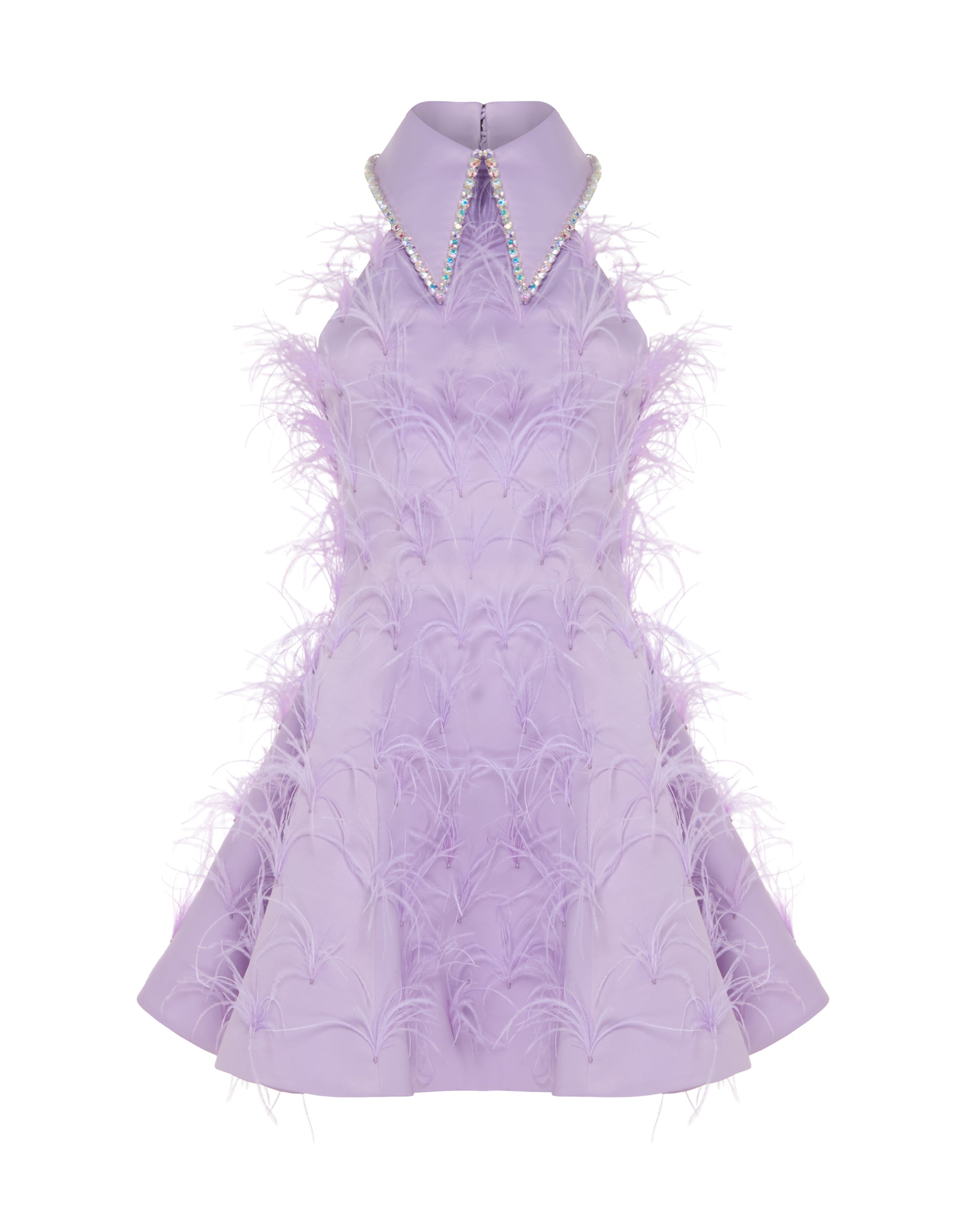 Crystal collared Grace Dress with feathers. Lavender, front.