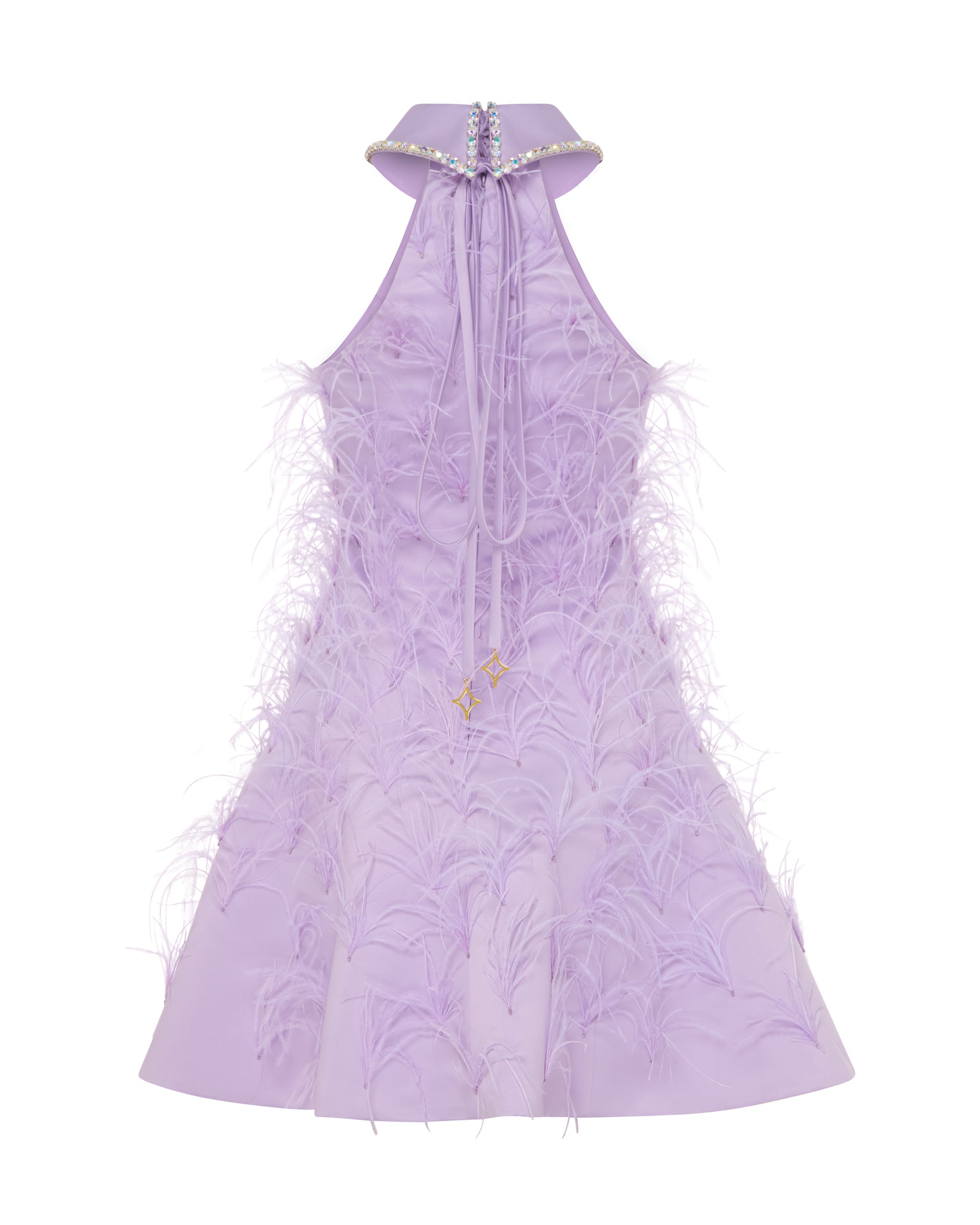 Crystal collared Grace Dress with feathers. Lavender, back.