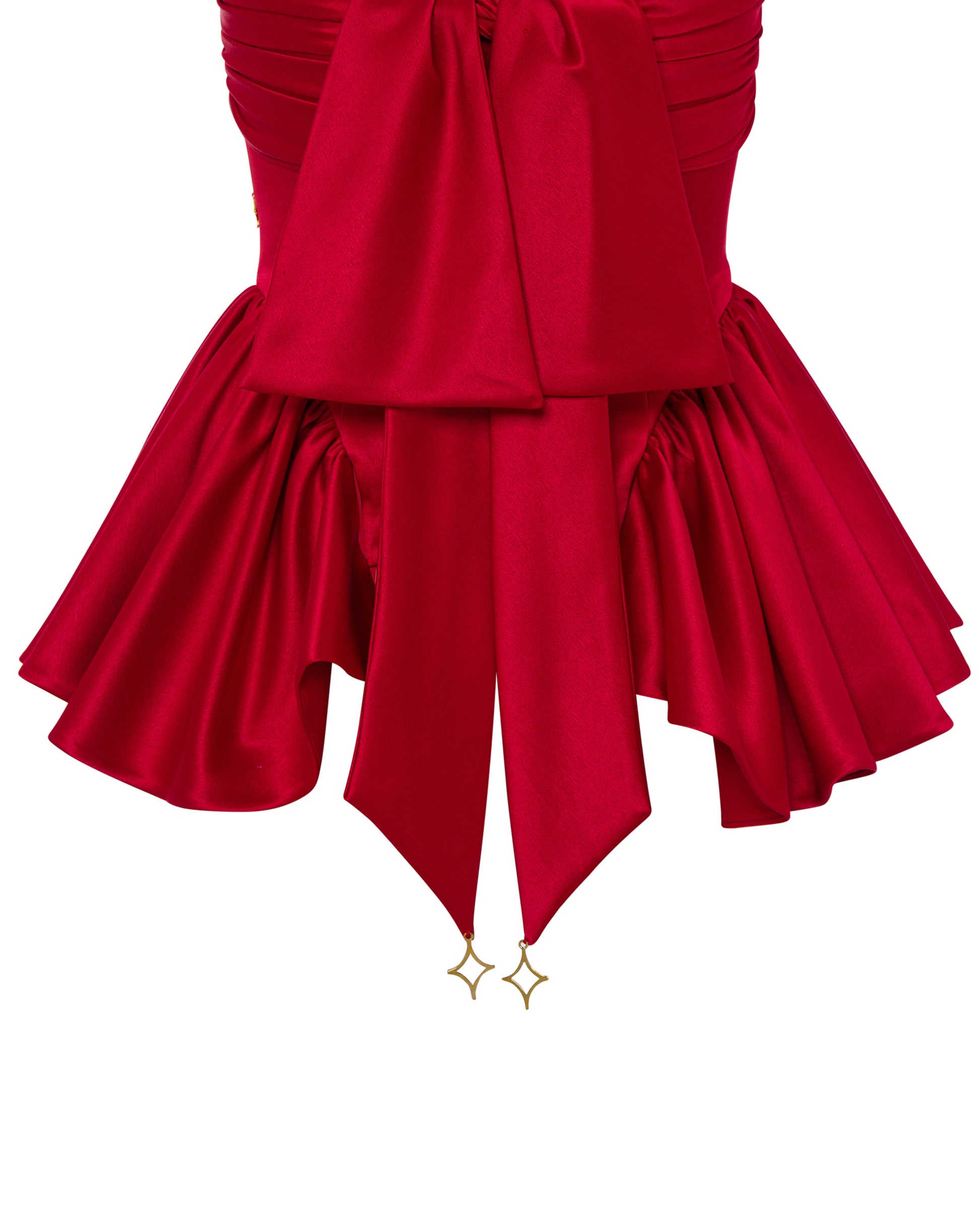 Red satin top, detail shot.