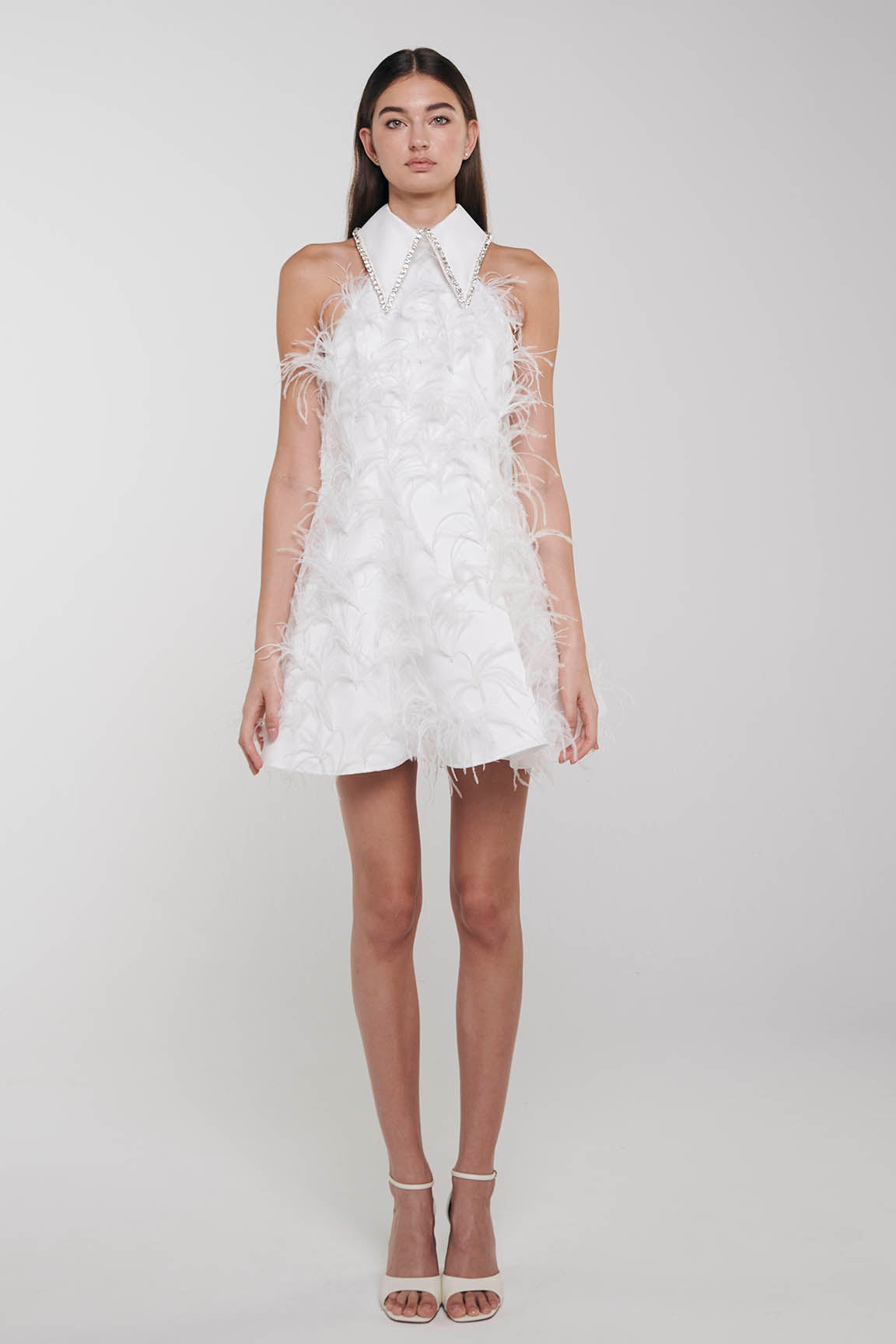 Crystal collared Grace Dress with feathers. Ivory, front.
