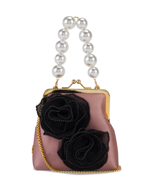 Bag with pearl strap and gold chain. Pink, flower details. Front.