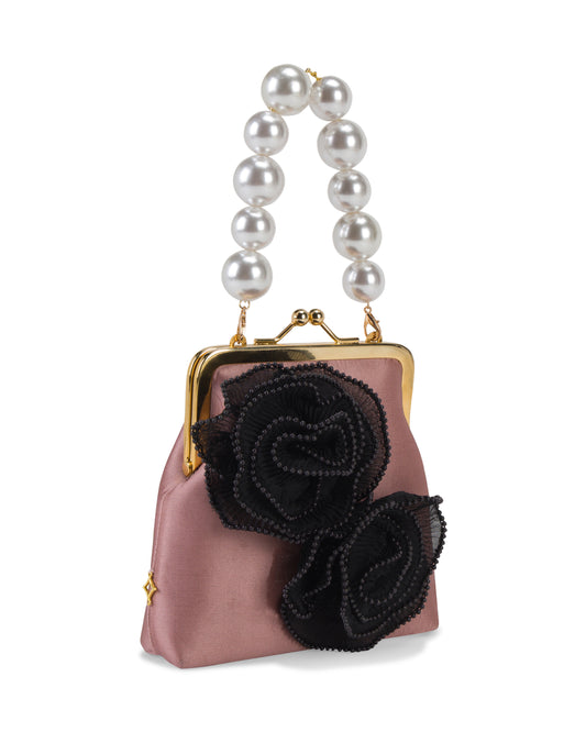 Bag with pearl strap and gold chain. Pink, flower details. Side.