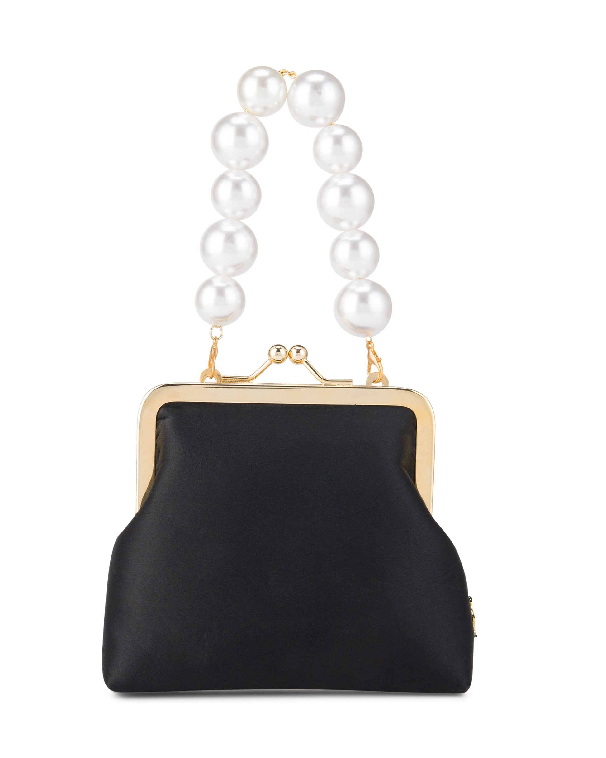 Pearl handle black bag with gold chain. Front
