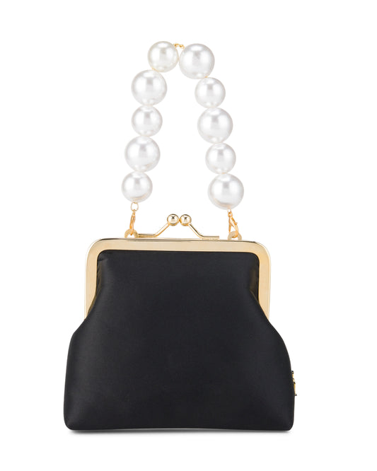 Pearl handle black bag with gold chain. Front