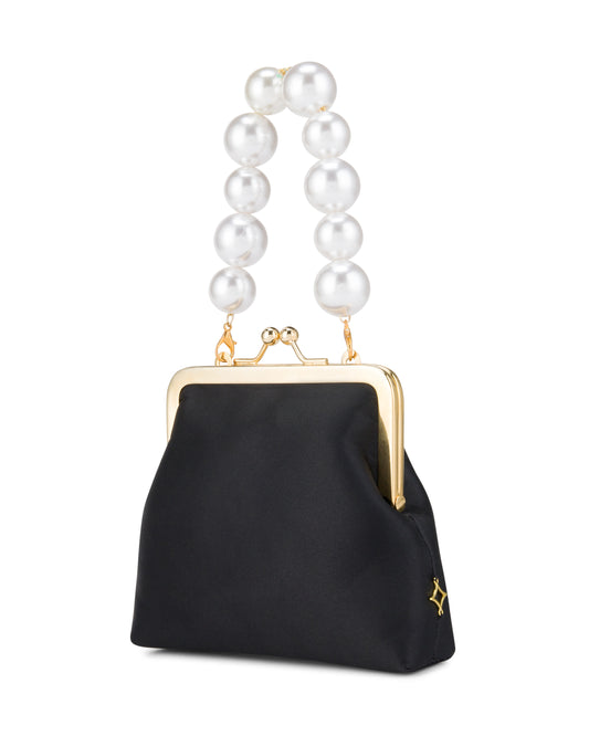 Pearl handle black bag with gold chain. Side