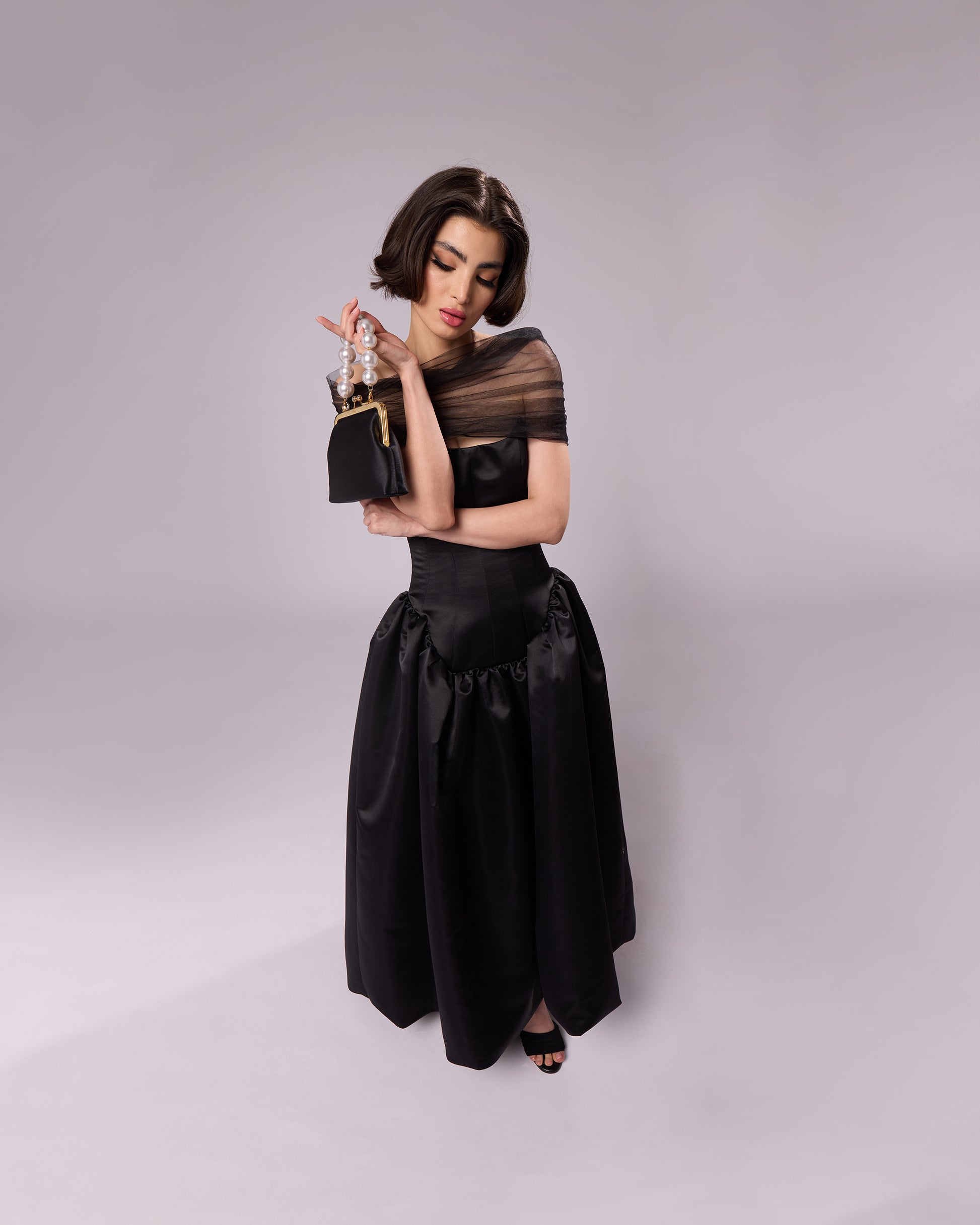 Black fitted bodice satin dress, front. ONORI