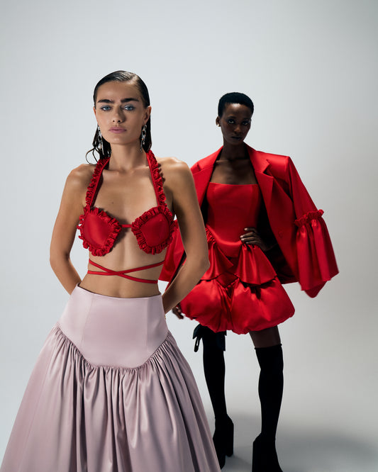 satin pink high waisted skirt, front. 
