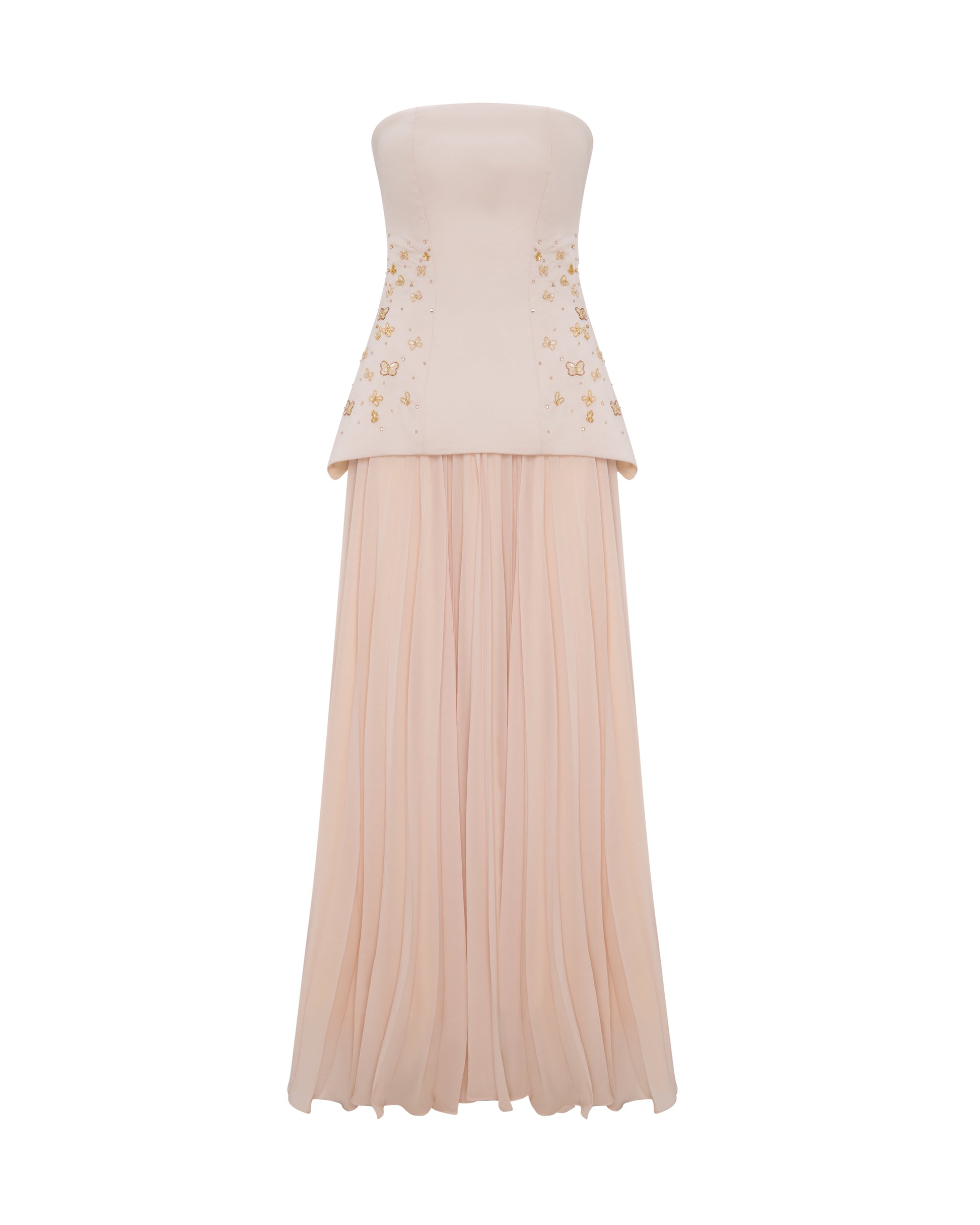 Satin champagne fitted corset style dress with embroidery and pleated chiffon skirt. Front. 