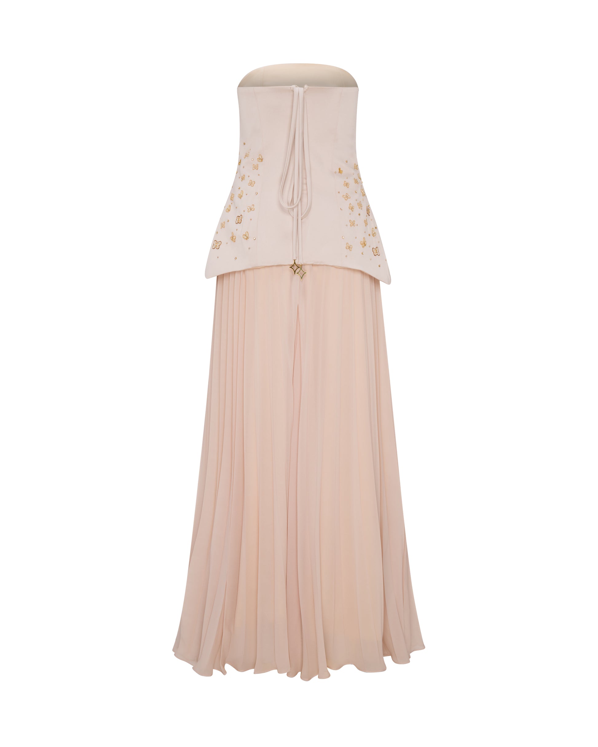  Satin champagne fitted corset style dress with embroidery and pleated chiffon skirt. Back. 