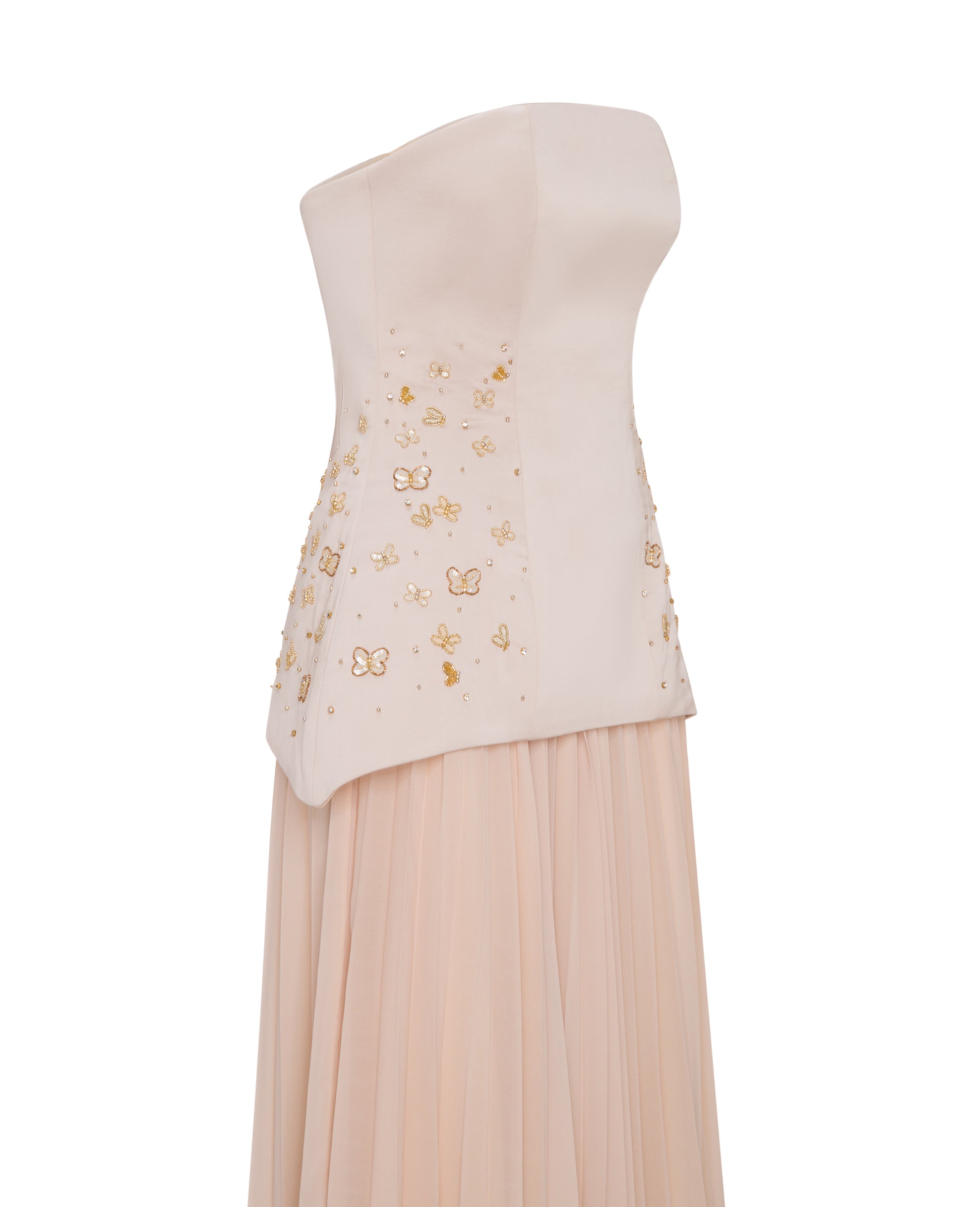 Satin champagne fitted corset style dress with embroidery and pleated chiffon skirt. Side. 