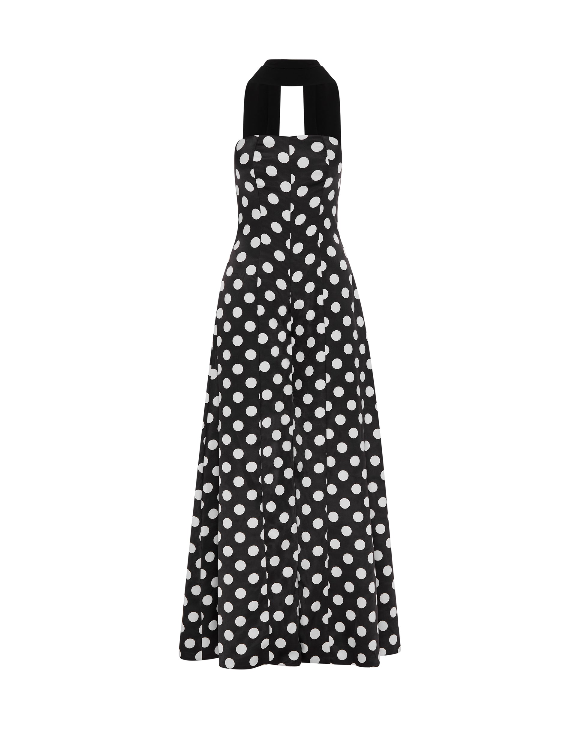 Polka dot fitted jumpsuit with shawl. Front