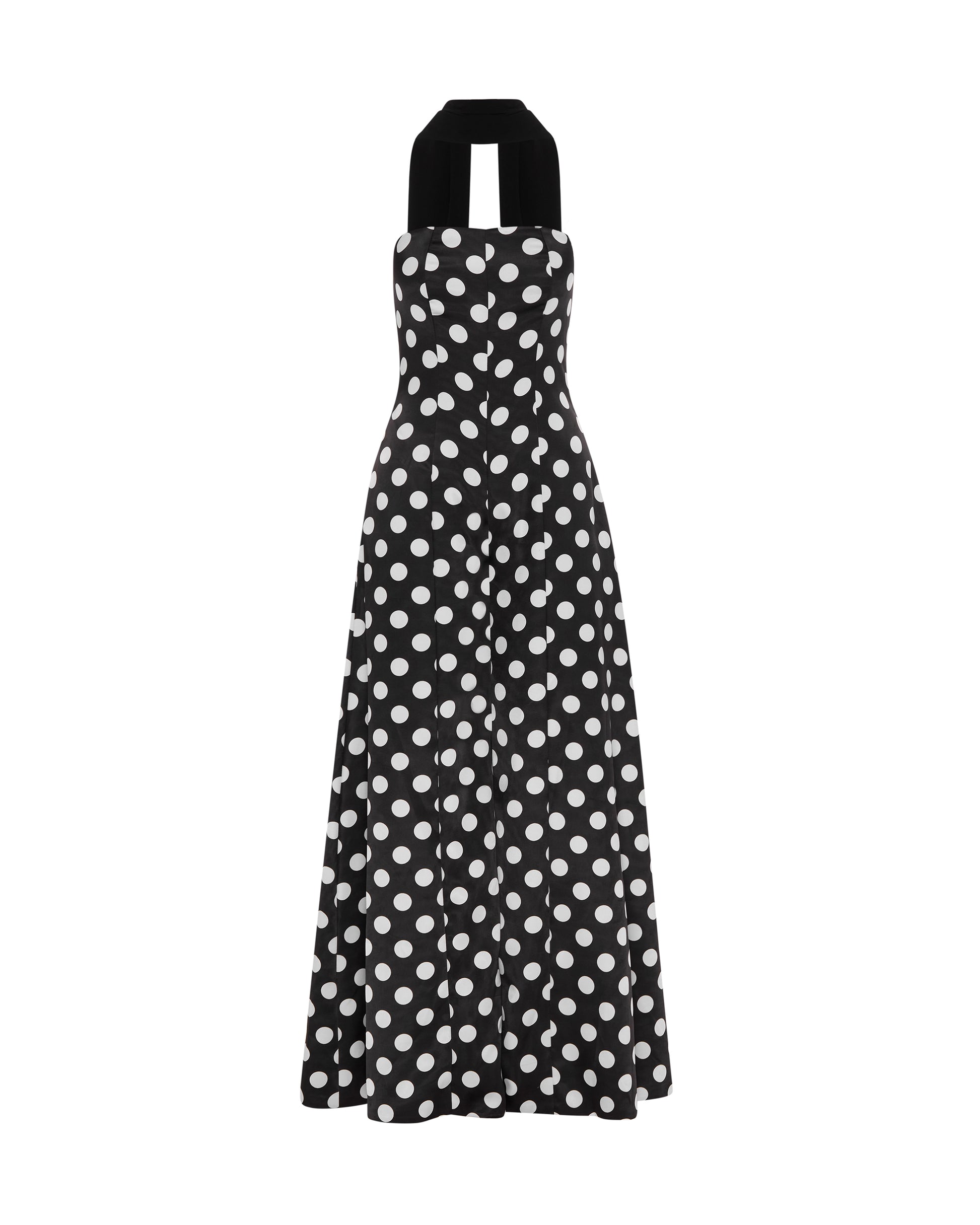 Polka dot fitted jumpsuit with shawl. Front