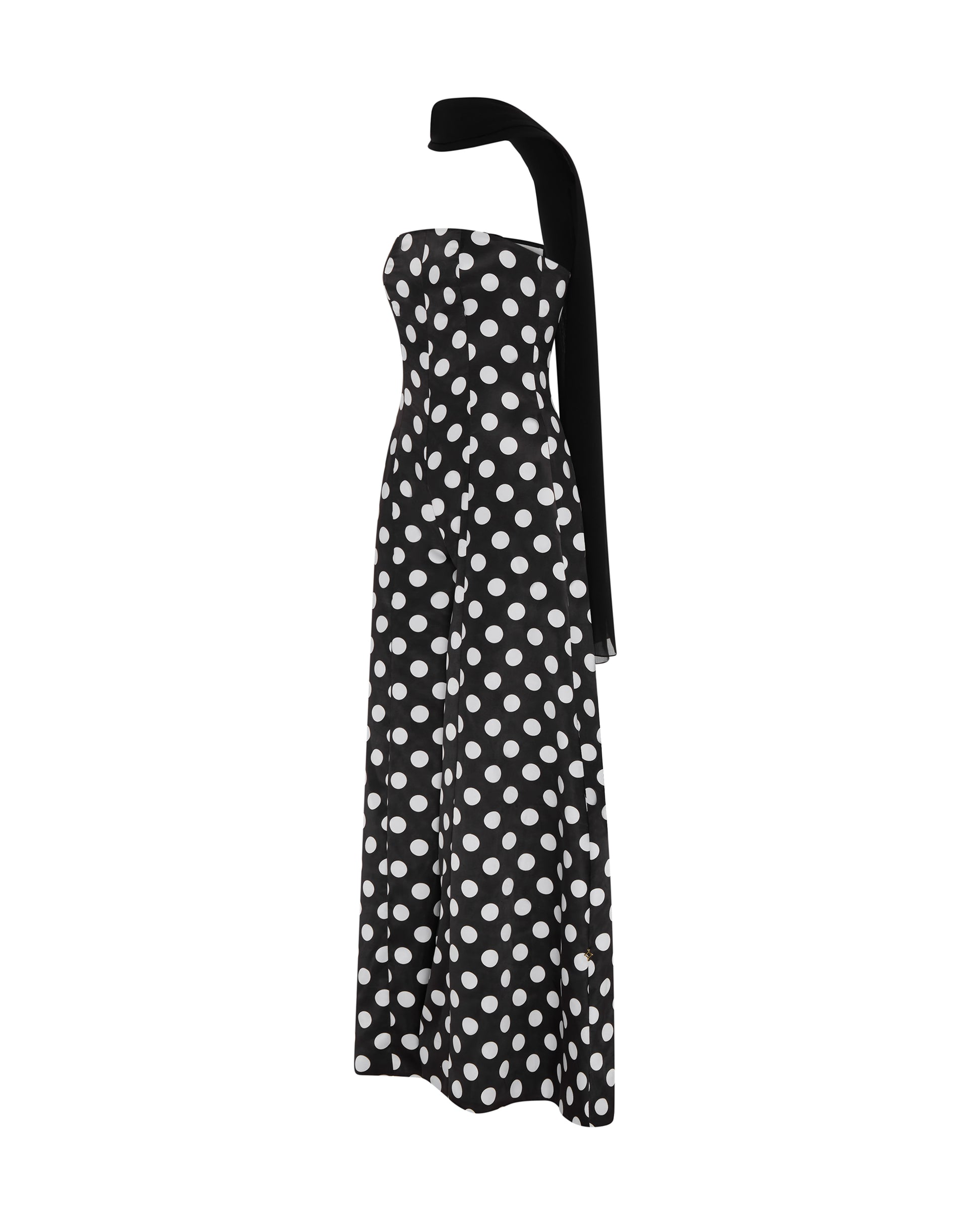 Polka dot fitted jumpsuit with shawl. Side
