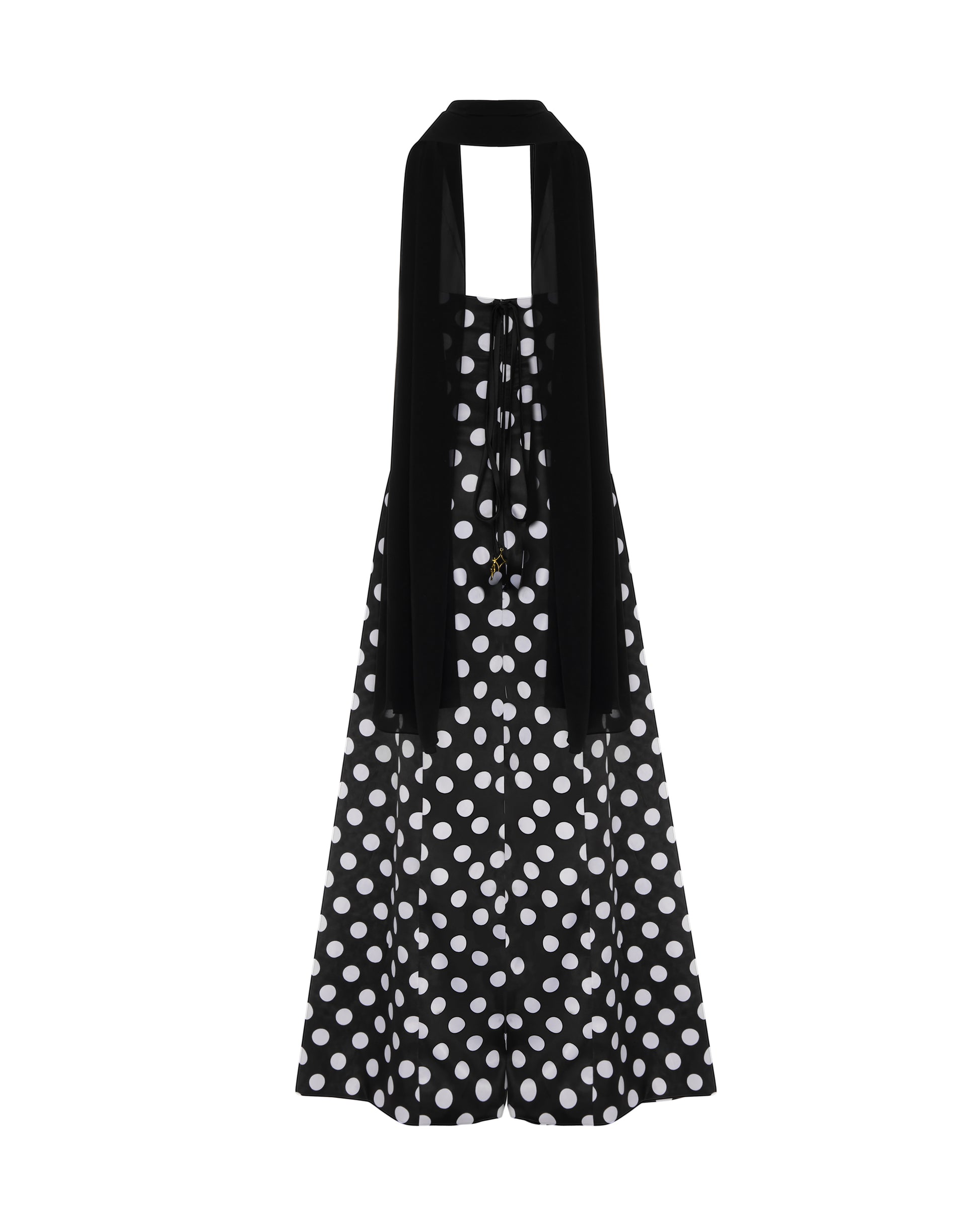 Polka dot fitted jumpsuit with shawl. Back