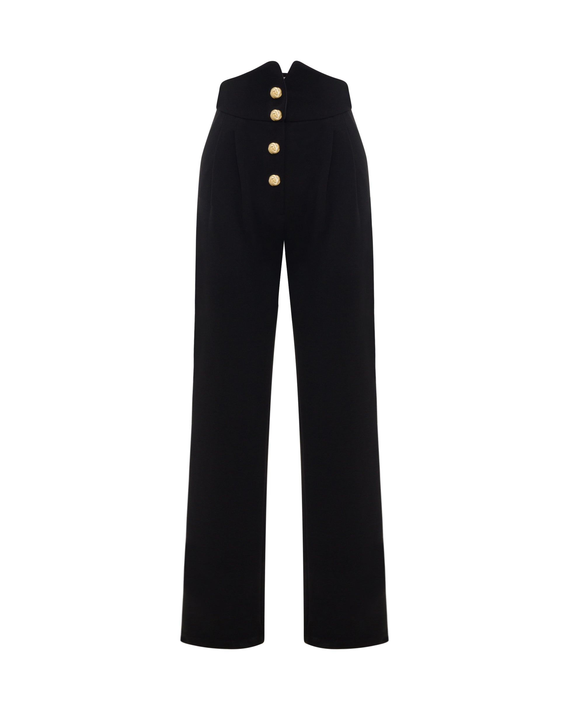 High waisted black pants with gold button detailing. Front
