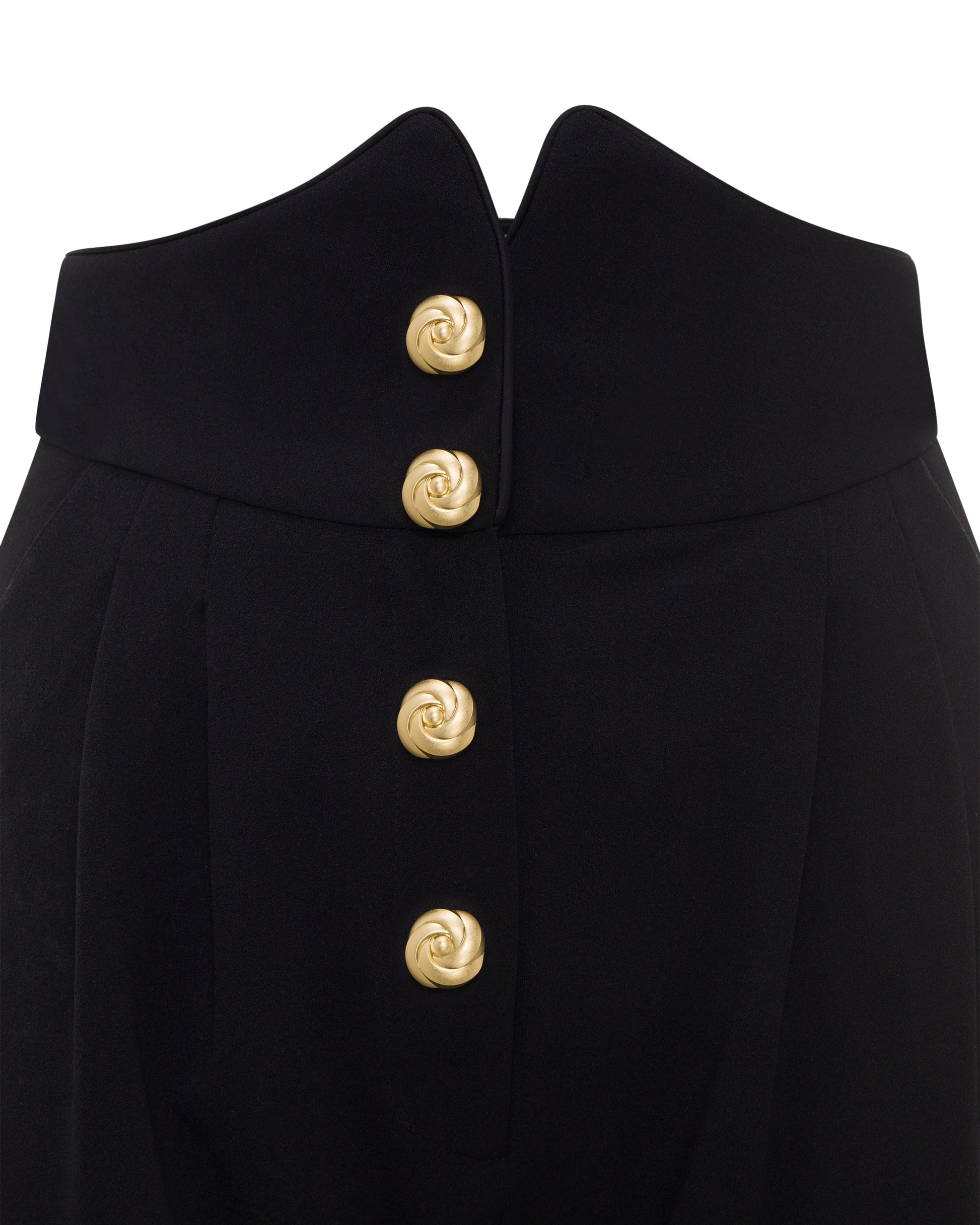 High waisted black pants with gold button detailing. Front zoom