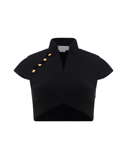 Black cropped top with gold button detailing. front