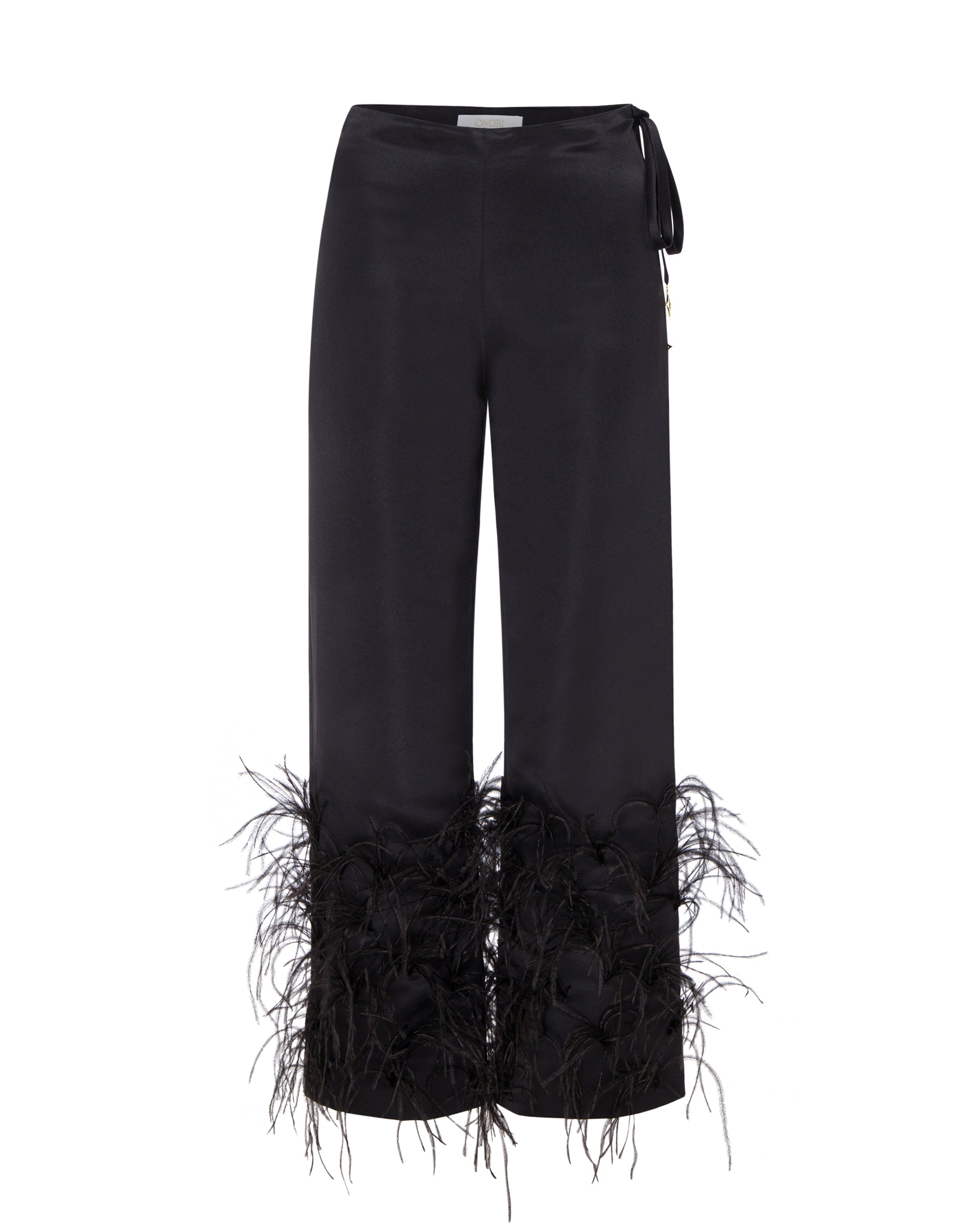 Satin black high waisted pants with scattered feathers. Front