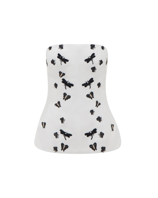 Embroidery fitted ivory top. Front