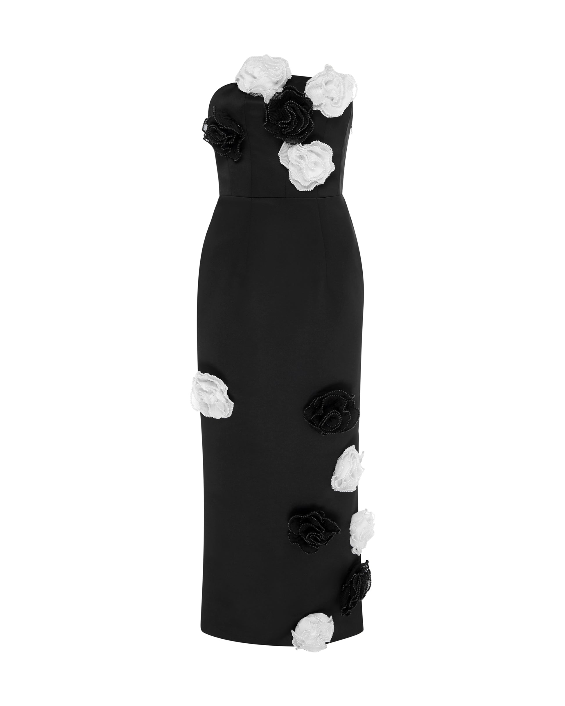 Black fitted midi dress with black and white flower detailing. Front