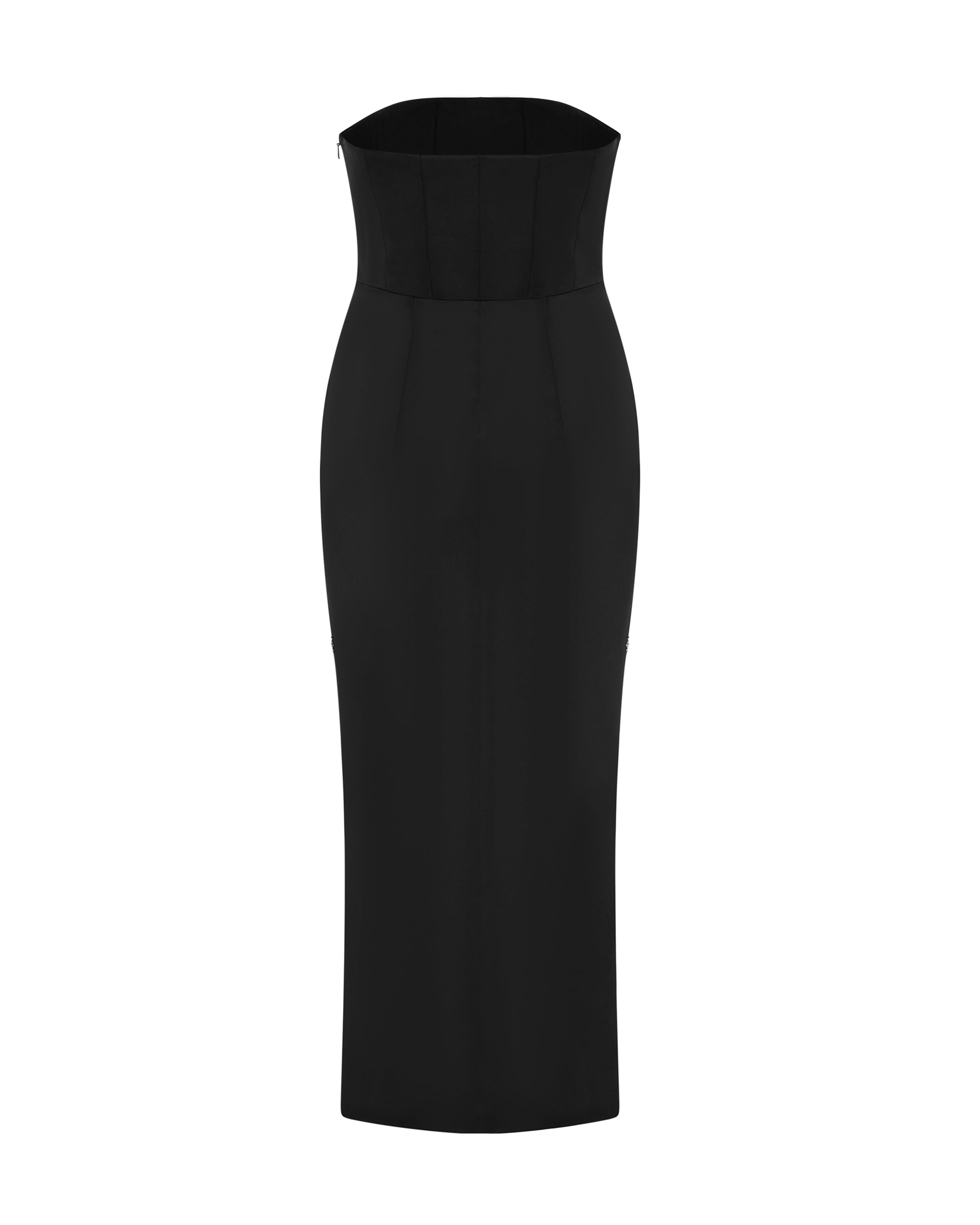 Black fitted midi dress with black and white flower detailing. Back 