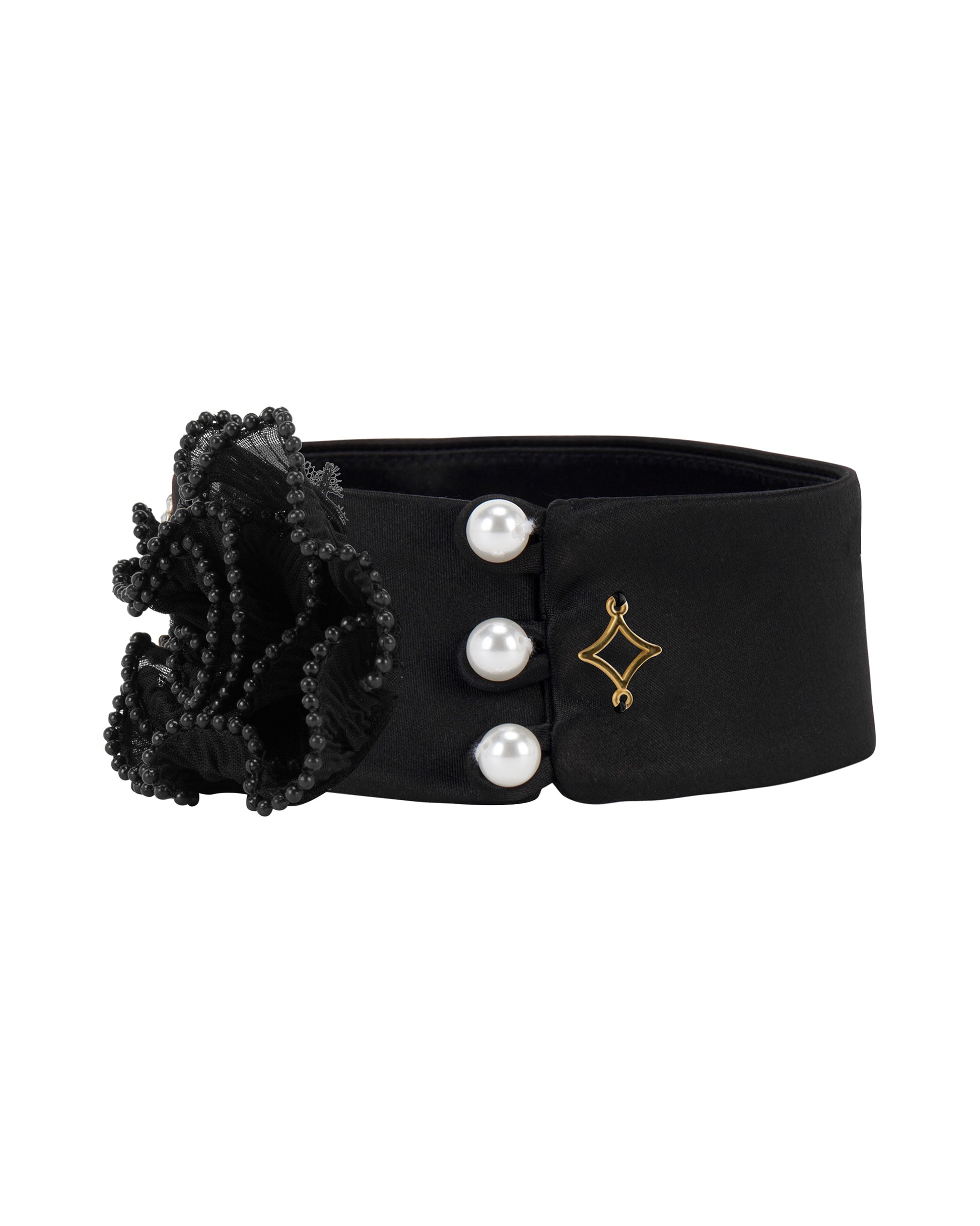 Black choker with flower detail, Side. 
