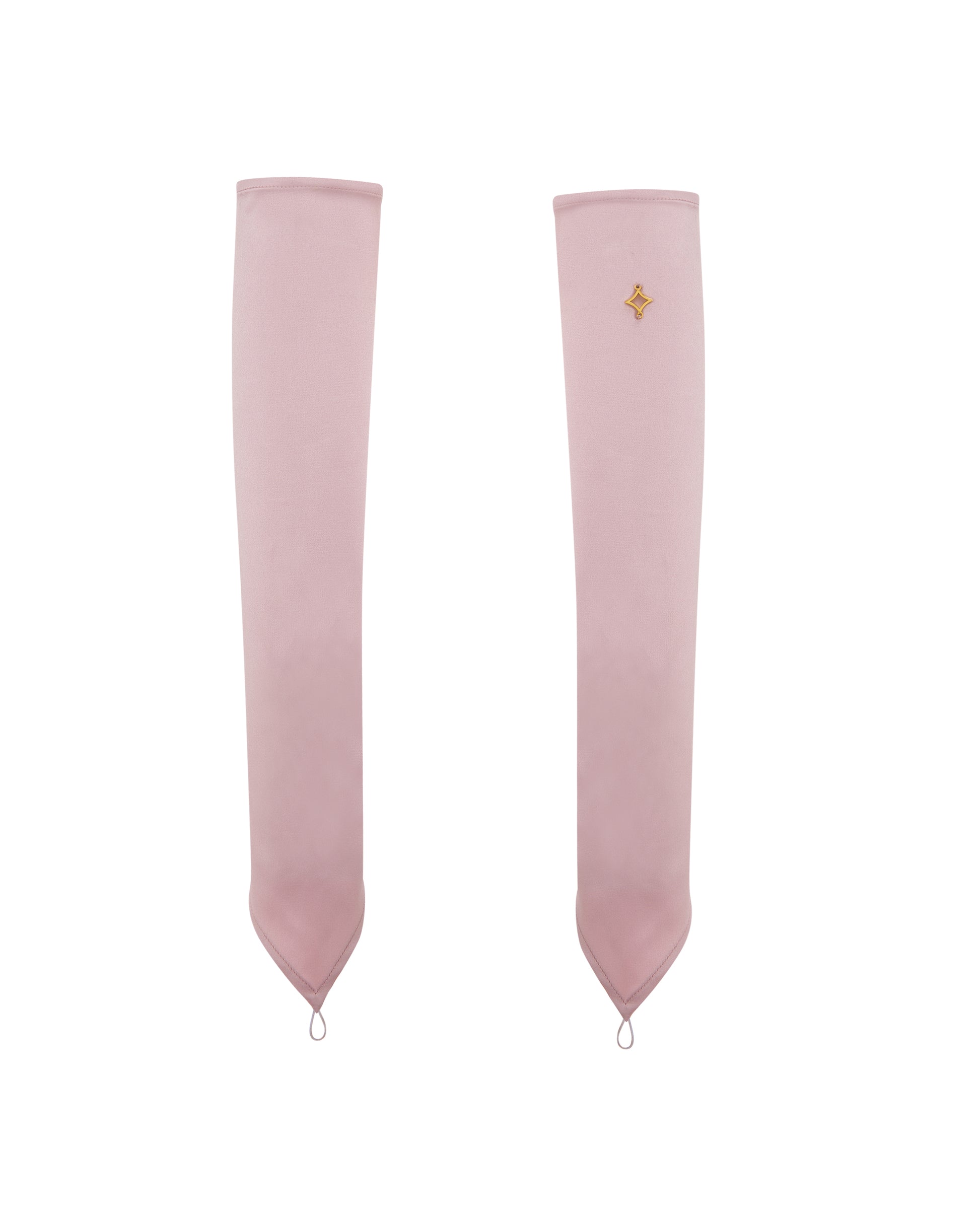 Pink long satin gloves, front. 