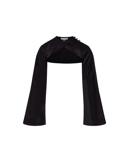 Satin black bolero with button closure.  Front