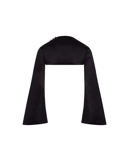Satin black bolero with button closure. Back