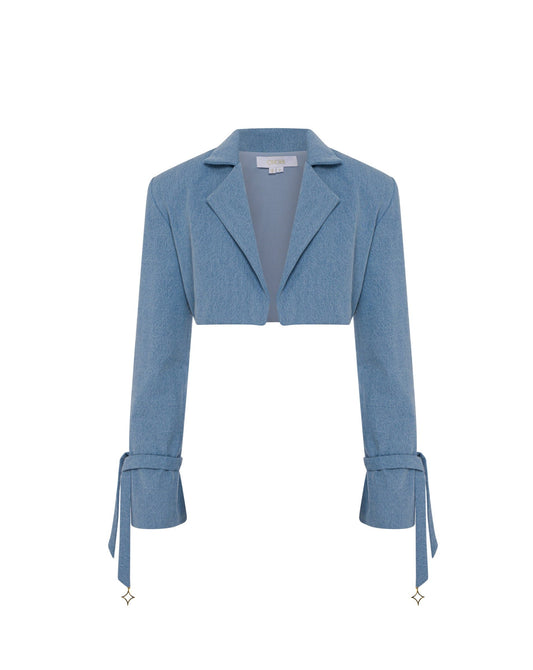 Denim cropped blazer, front. 