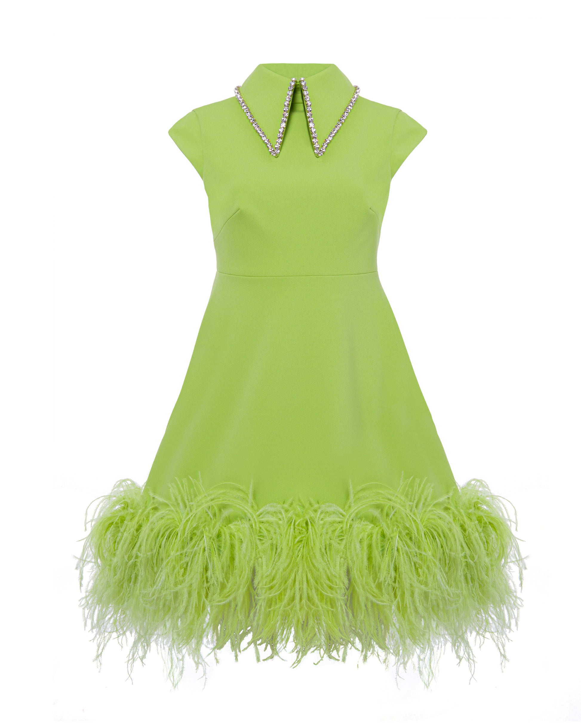 Crystal collar short dress with feather trimmed hem, Apple Green, front