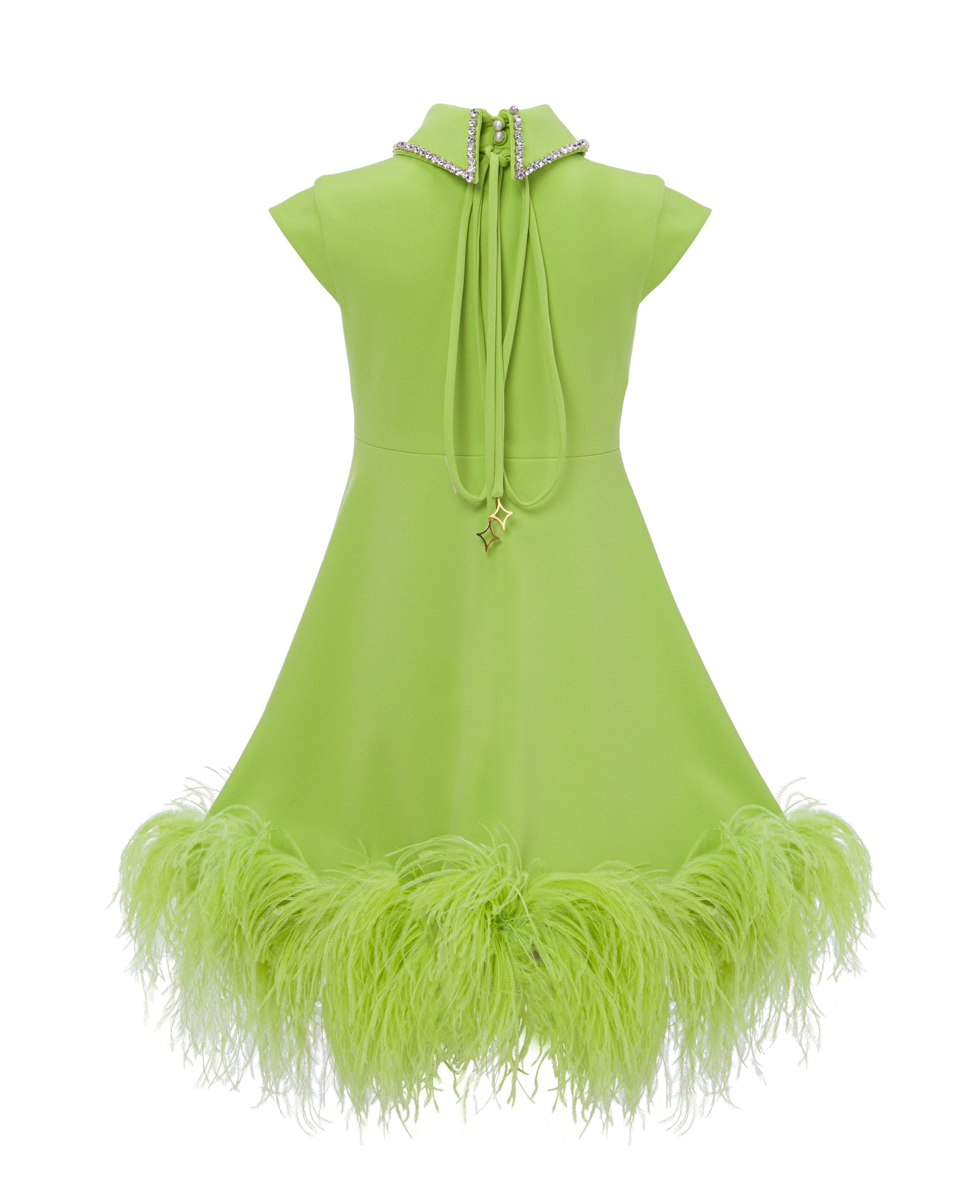 Crystal collar short dress with feather trimmed hem, Apple Green, Back