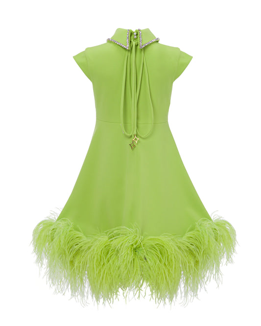 Crystal collar short dress with feather trimmed hem, Apple Green, Back