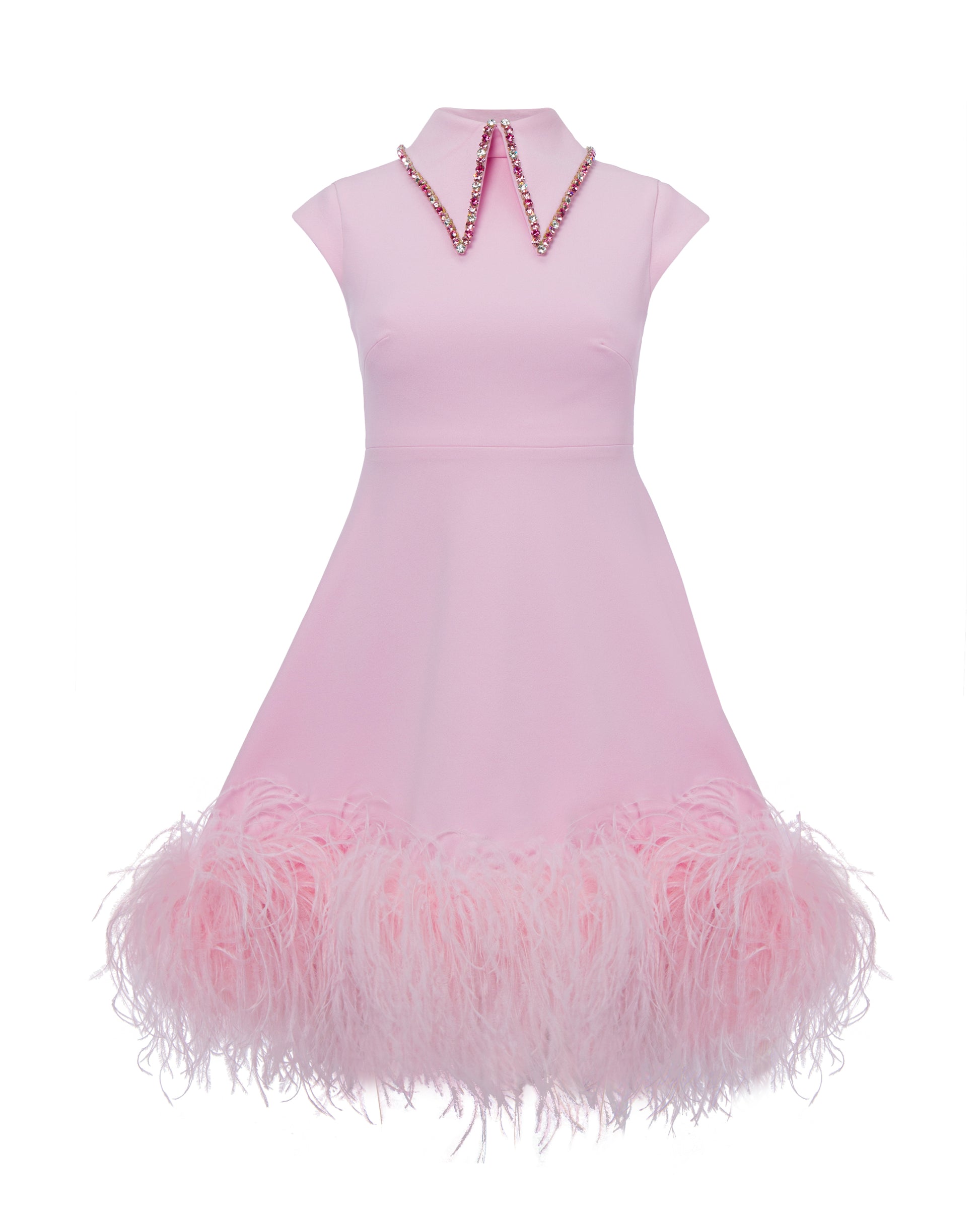 Crystal collar short dress with feather trimmed hem, Front, Pink