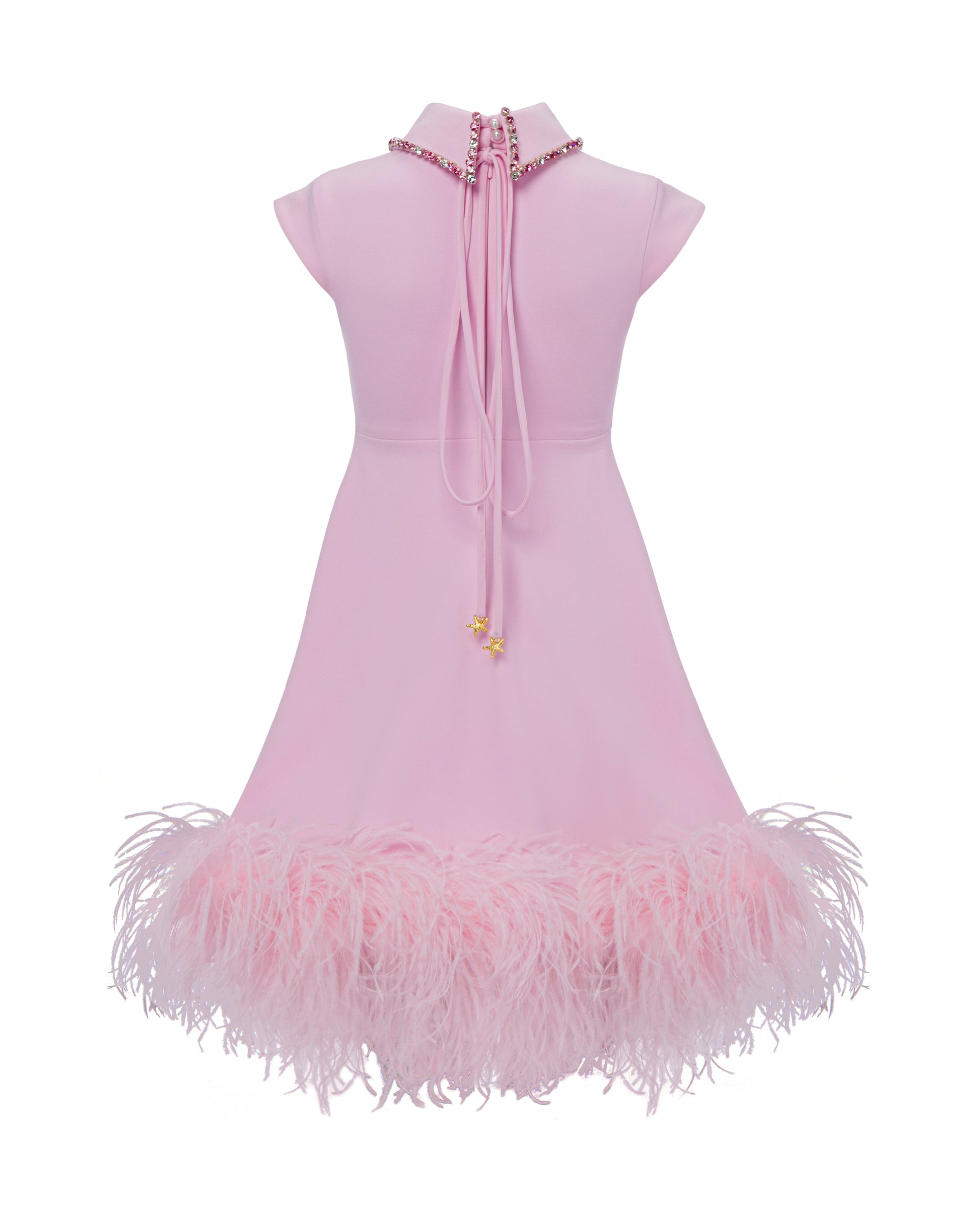 Crystal collar short dress with feather trimmed hem, Pink, Back