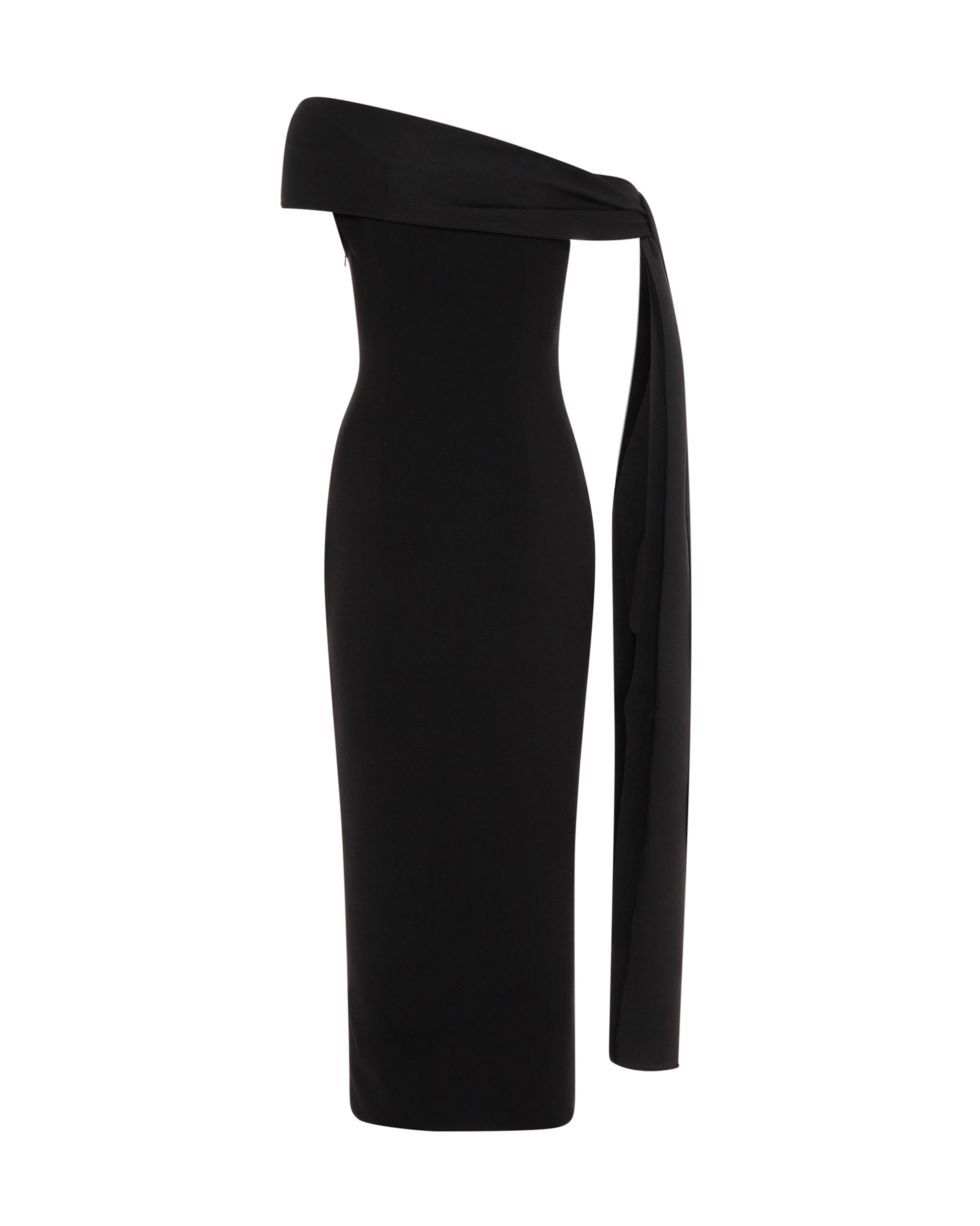 Black off-shoulder dress with gold button detailing. Back