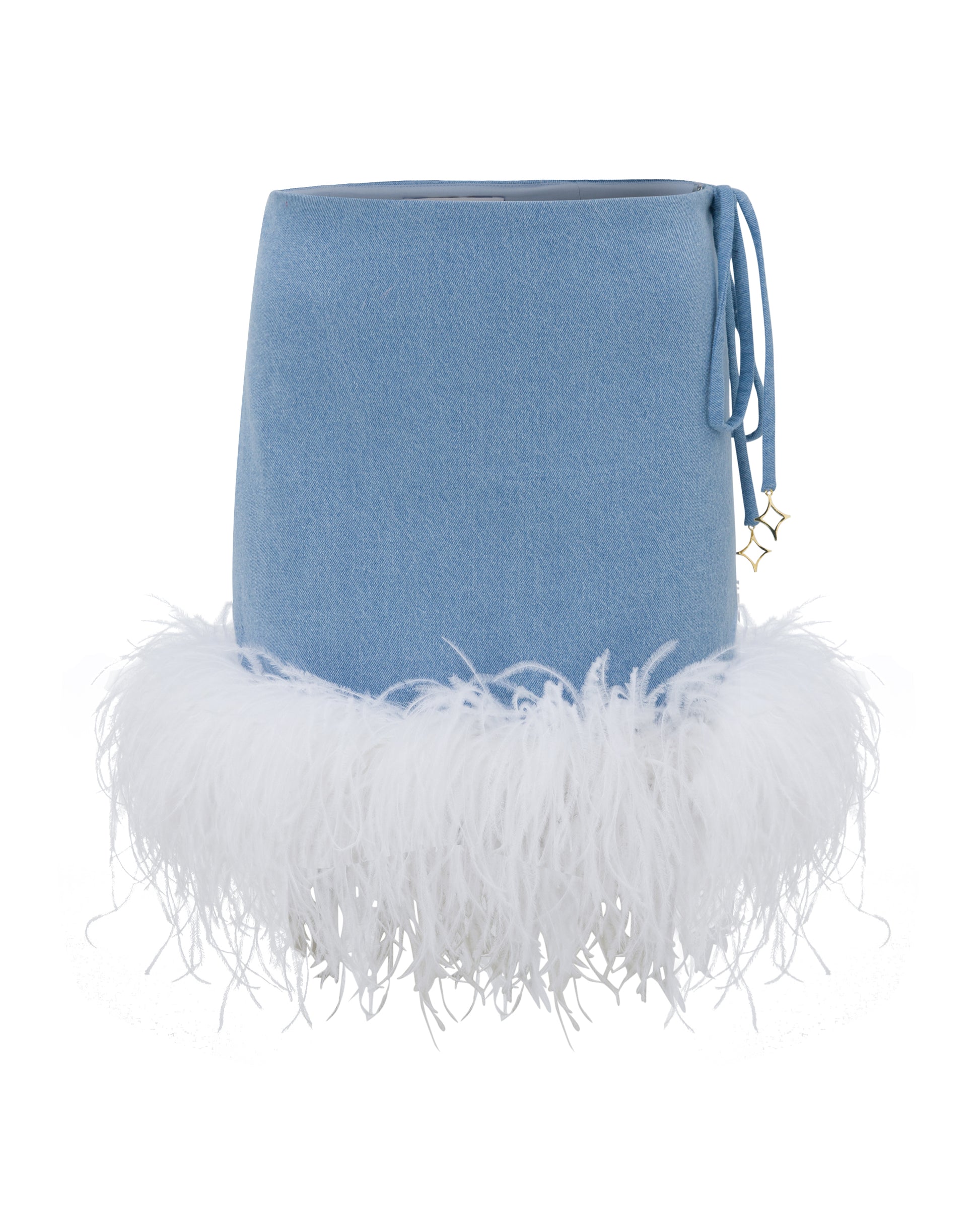 Denim mini skirt with ivory feathered hem. Front