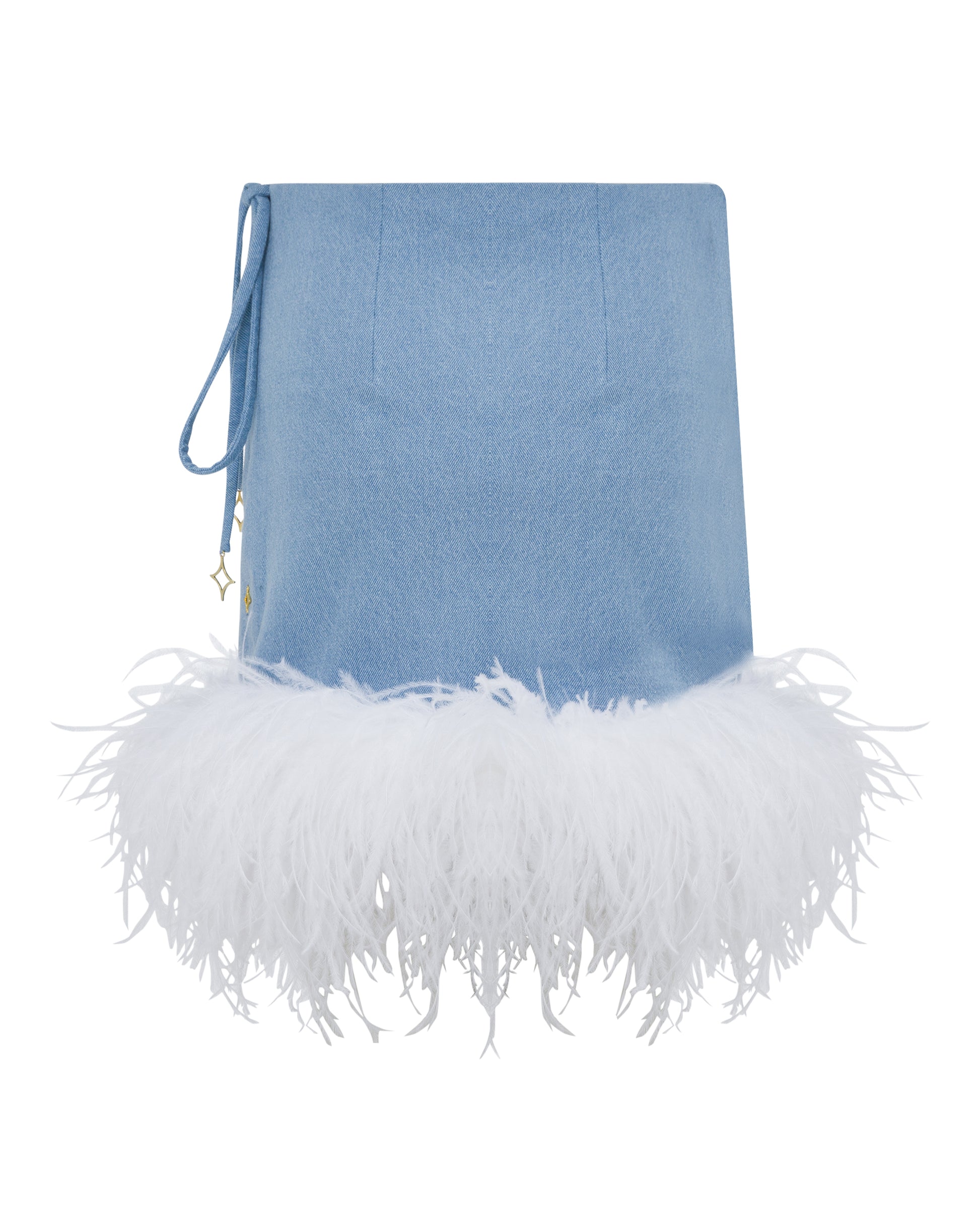 Denim mini skirt with ivory feathered hem. Back