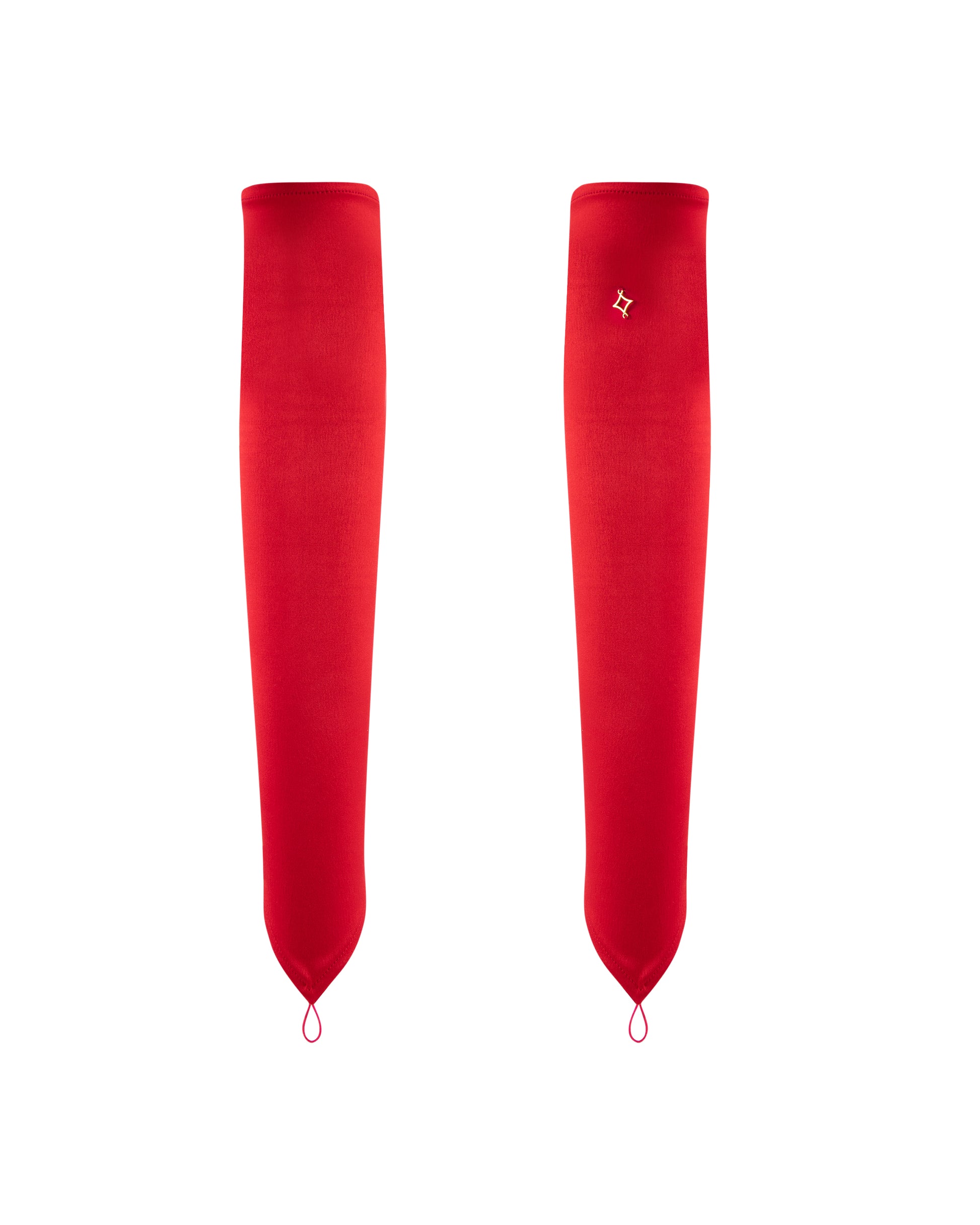 Red long satin gloves, front. 