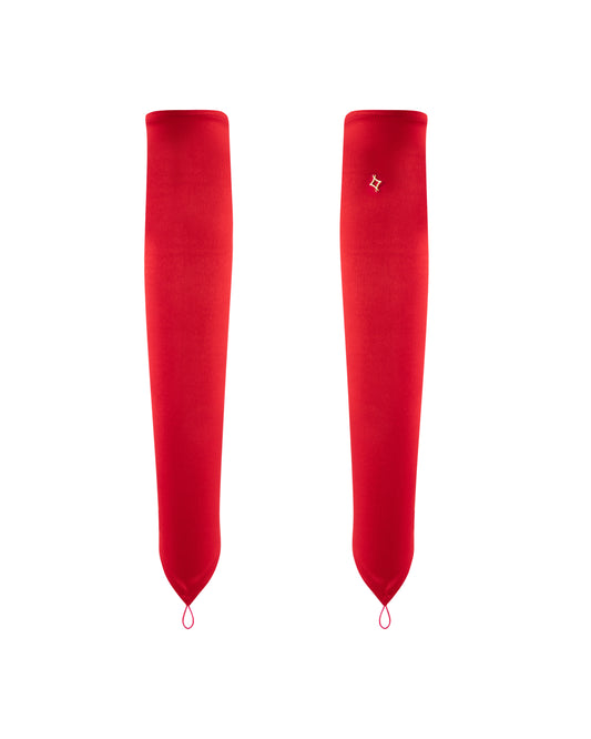 Red long satin gloves, front. 
